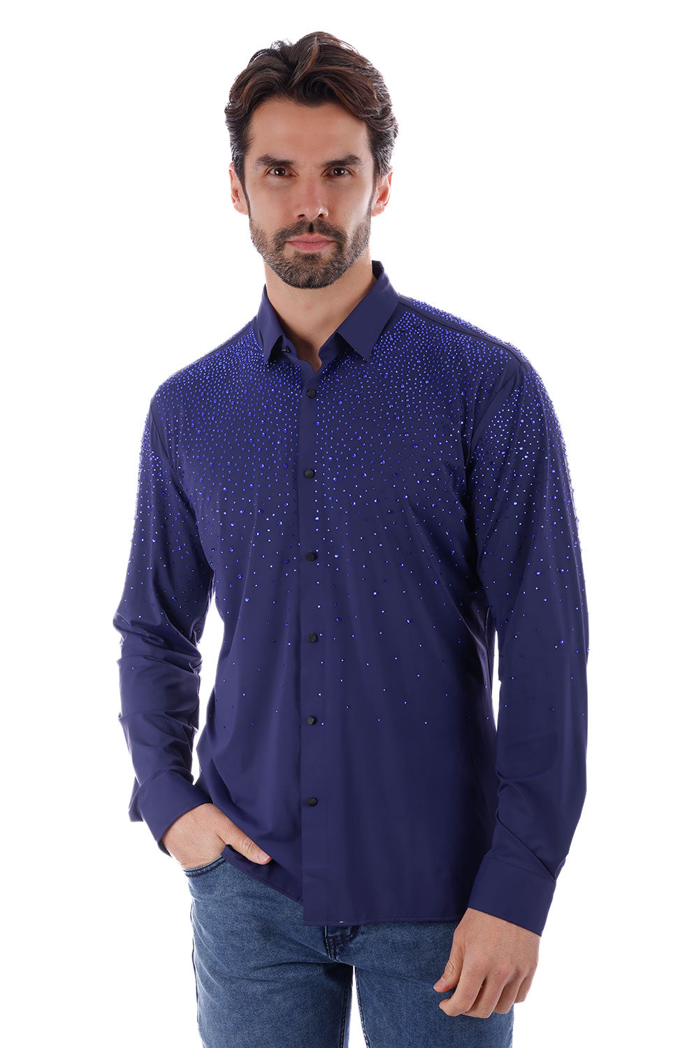 Barabas Men's Rhinestones Jewels Long Sleeve Shirt 4B06 Navy Multi Blue