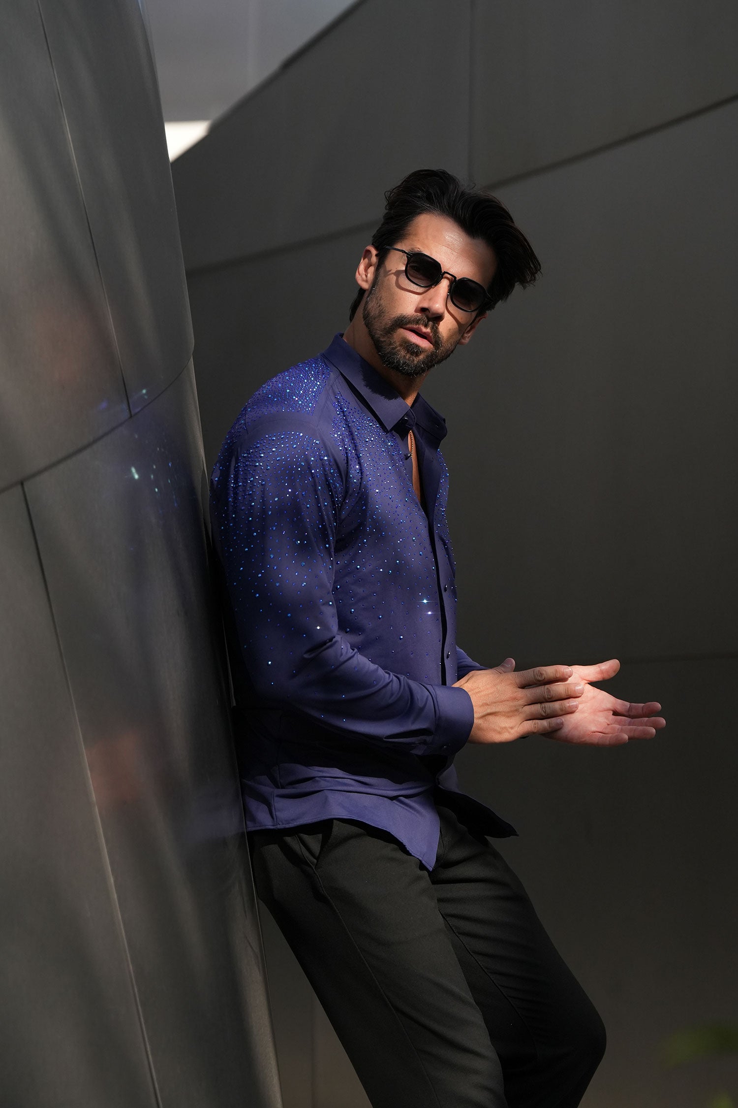 BARABAS Men's Rhinestones Jewels Long Sleeve Shirt 4B06 Navy Multi Blue