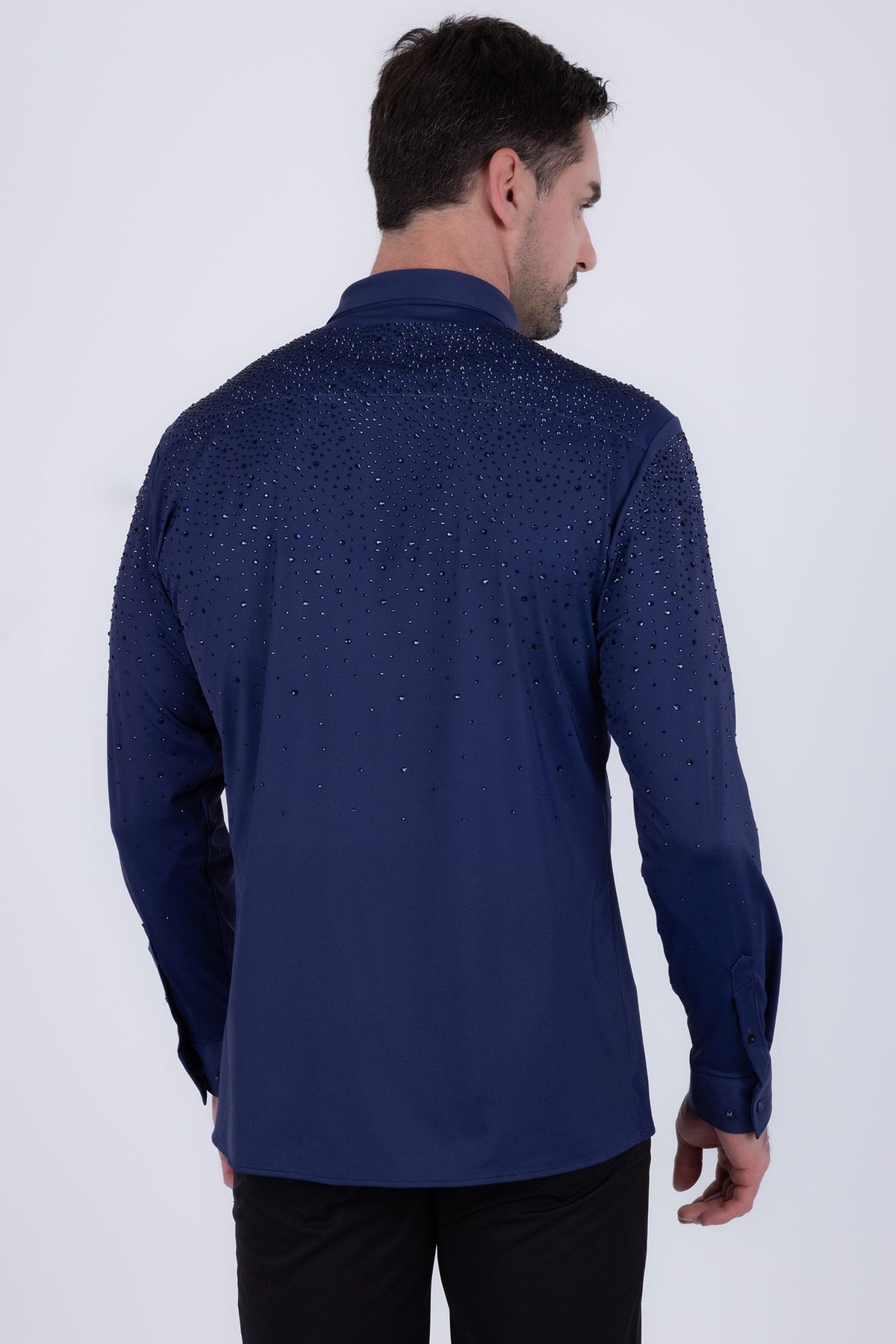 Barabas Men's Rhinestones Jewels Long Sleeve Shirt 4B06 Navy