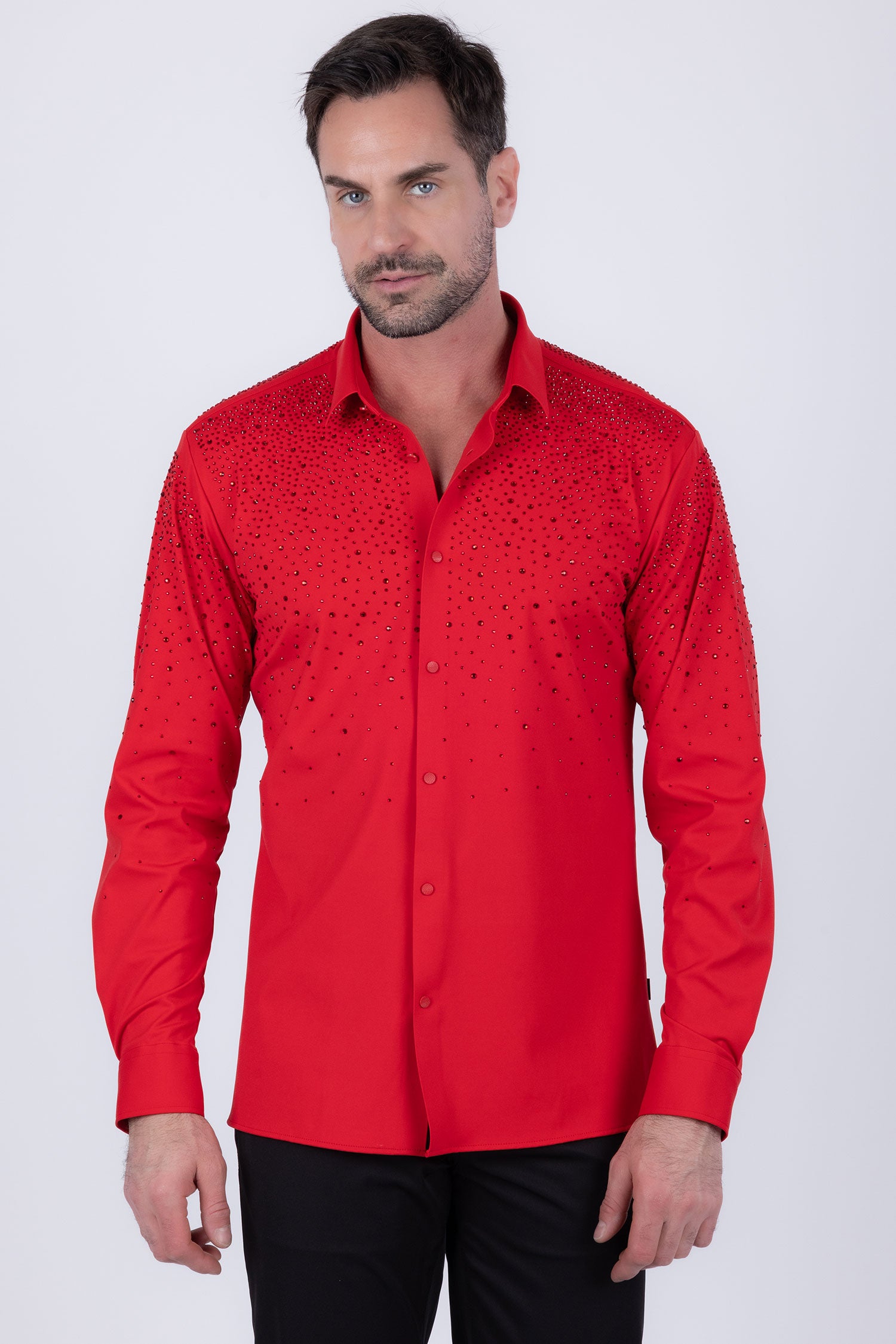 Barabas Men's Rhinestones Jewels Long Sleeve Shirt 4B06 Red