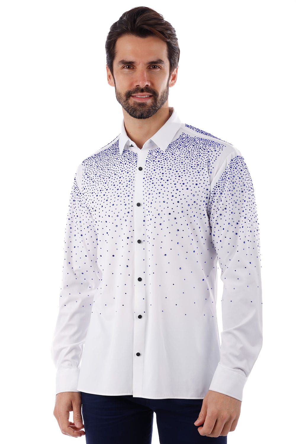 Barabas Men's Rhinestones Jewels Long Sleeve Shirt 4B06 White Blue
