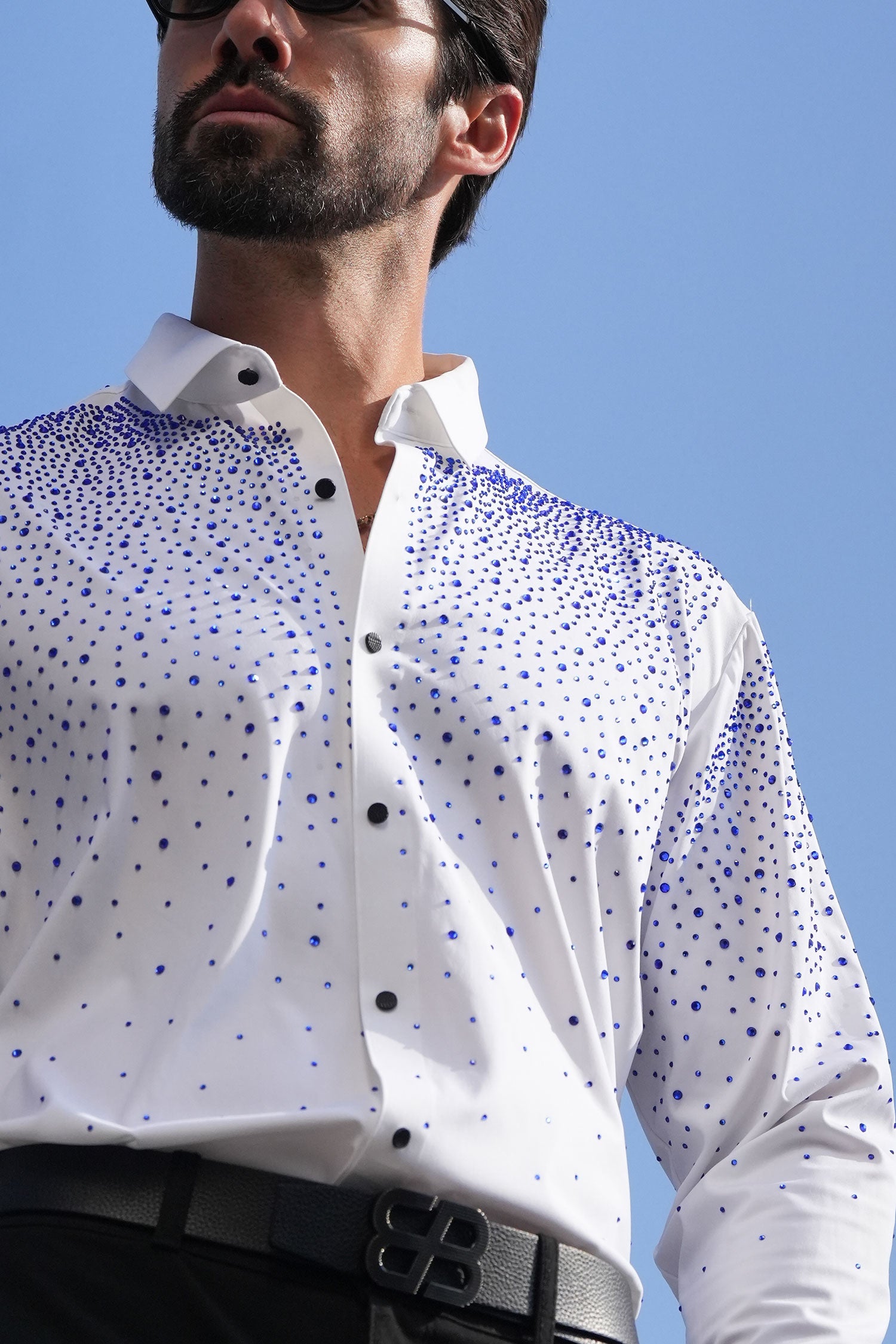 BARABAS Men's Rhinestones Jewels Long Sleeve Shirt 4B06 White Blue