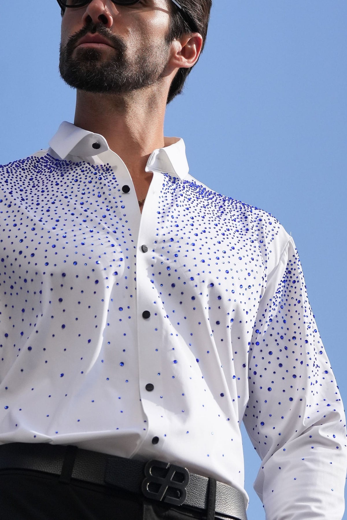 Barabas Men's Rhinestones Jewels Long Sleeve Shirt 4B06 White Blue