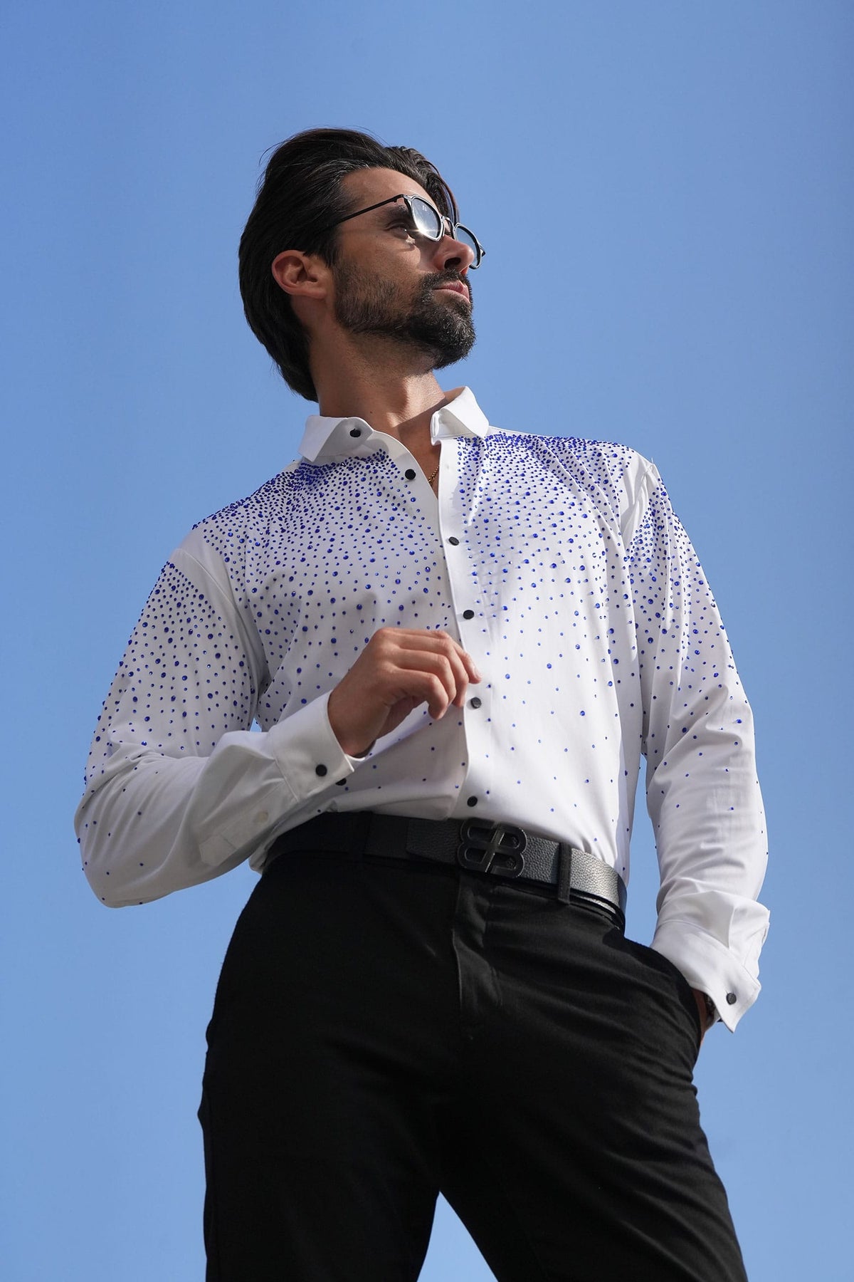 Barabas Men's Rhinestones Jewels Long Sleeve Shirt 4B06 White Blue
