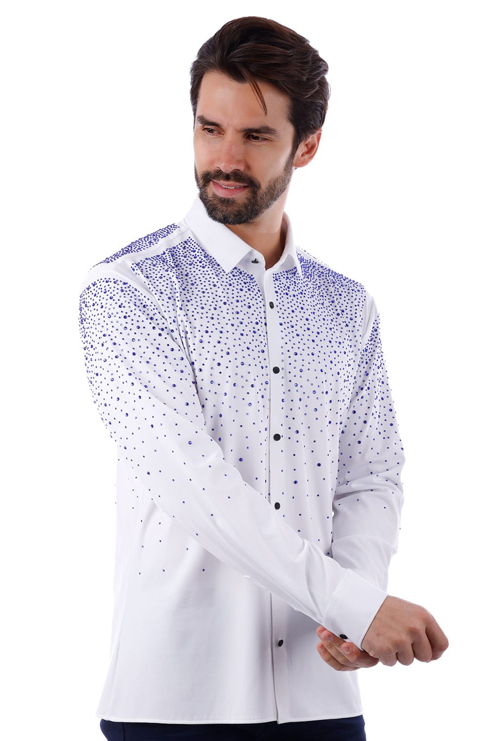 Barabas Men's Rhinestones Jewels Long Sleeve Shirt 4B06 White Blue