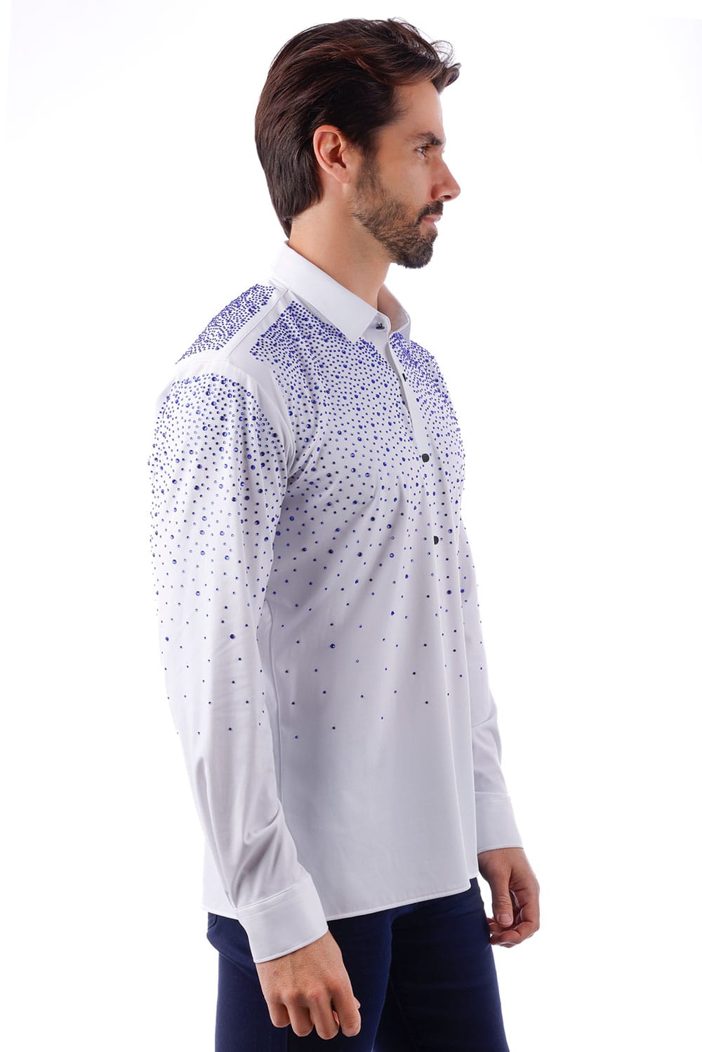 Barabas Men's Rhinestones Jewels Long Sleeve Shirt 4B06 White Blue