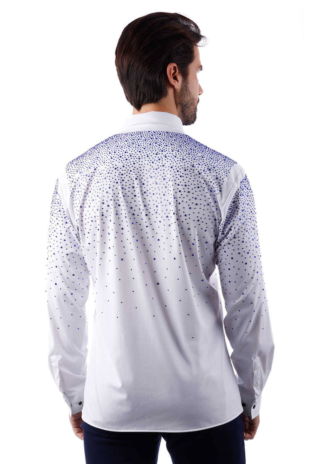 Barabas Men's Rhinestones Jewels Long Sleeve Shirt 4B06 White Blue