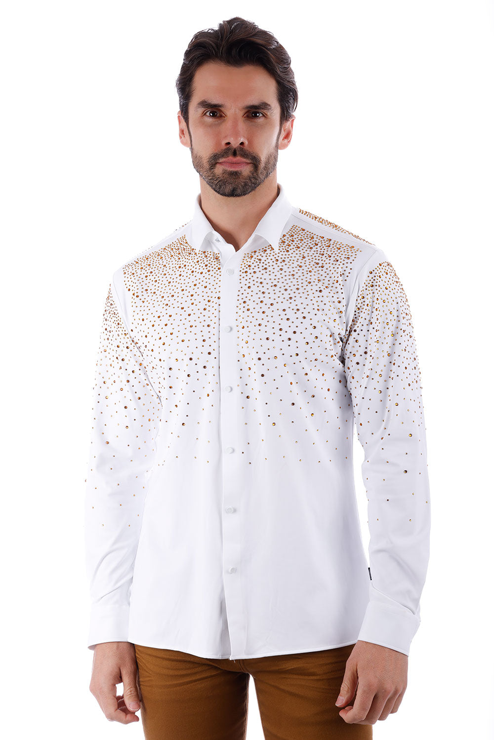 Barabas Men's Rhinestones Jewels Long Sleeve Shirt 4B06 White Gold
