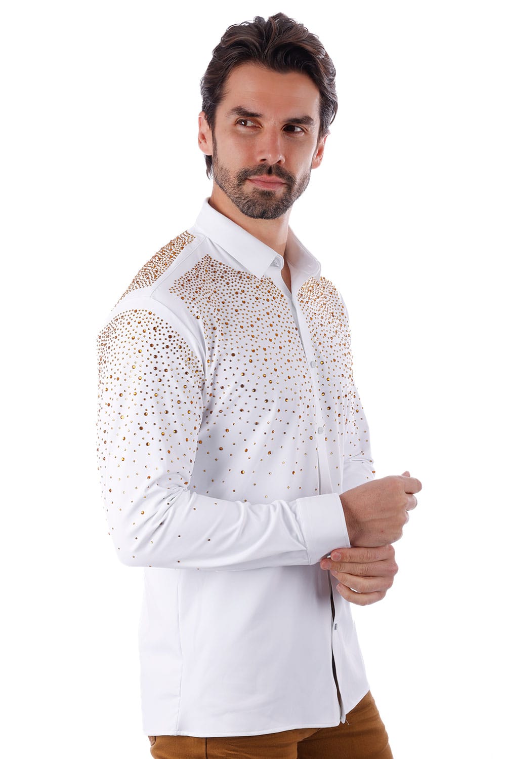 Barabas Men's Rhinestones Jewels Long Sleeve Shirt 4B06 White