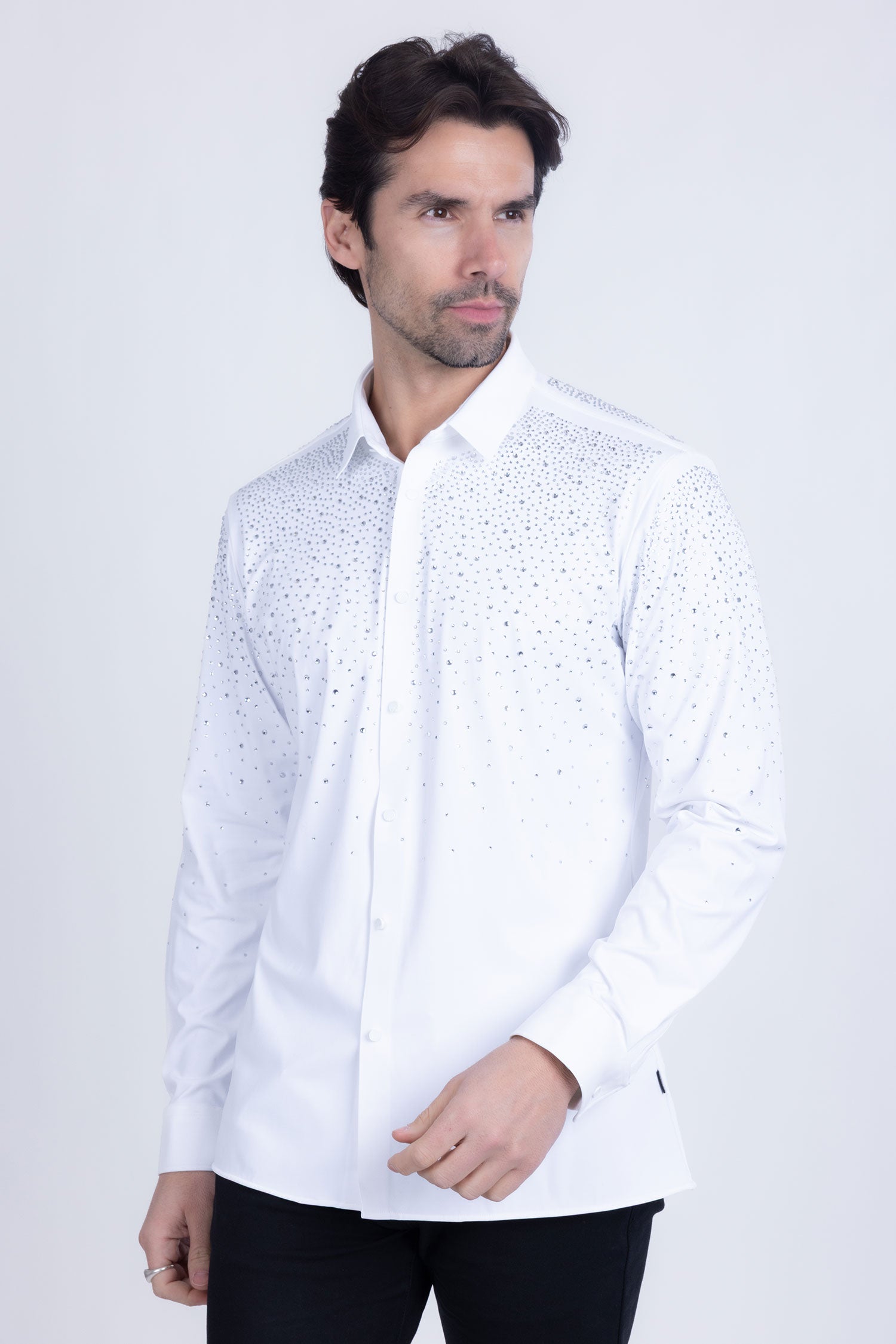 BARABAS Men's Rhinestones Jewels Long Sleeve Shirt 4B06 White Silver