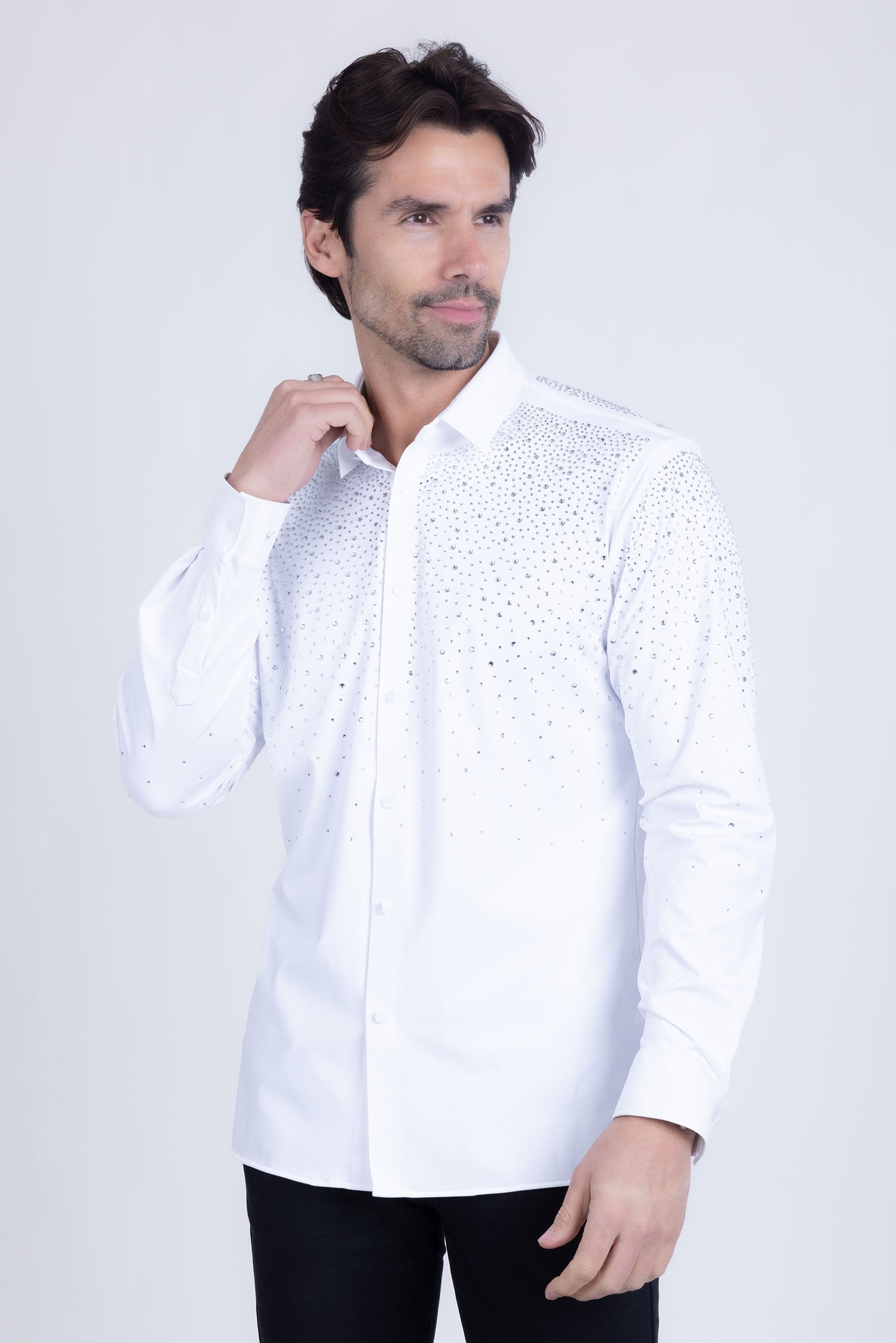 BARABAS Men's Rhinestones Jewels Long Sleeve Shirt 4B06 White Silver
