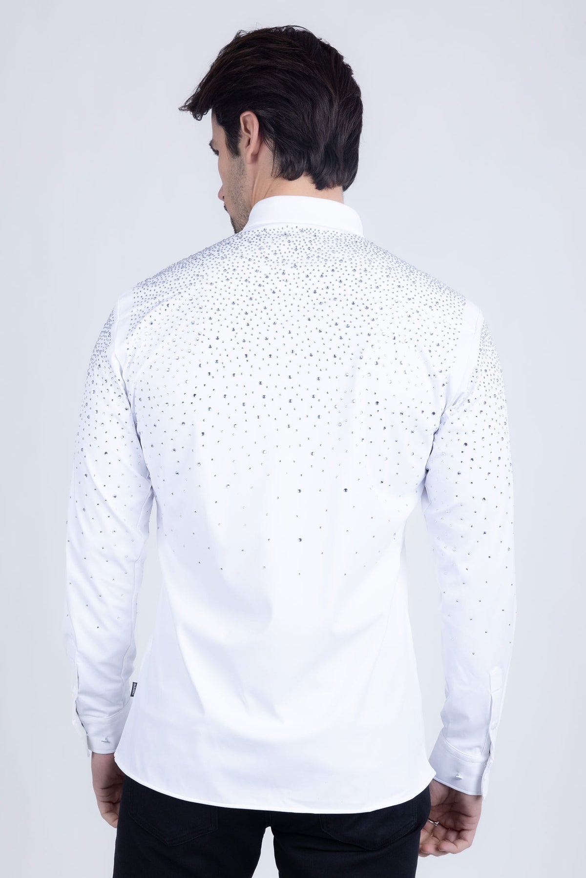 Barabas Men's Rhinestones Jewels Long Sleeve Shirt 4B06 White Silver