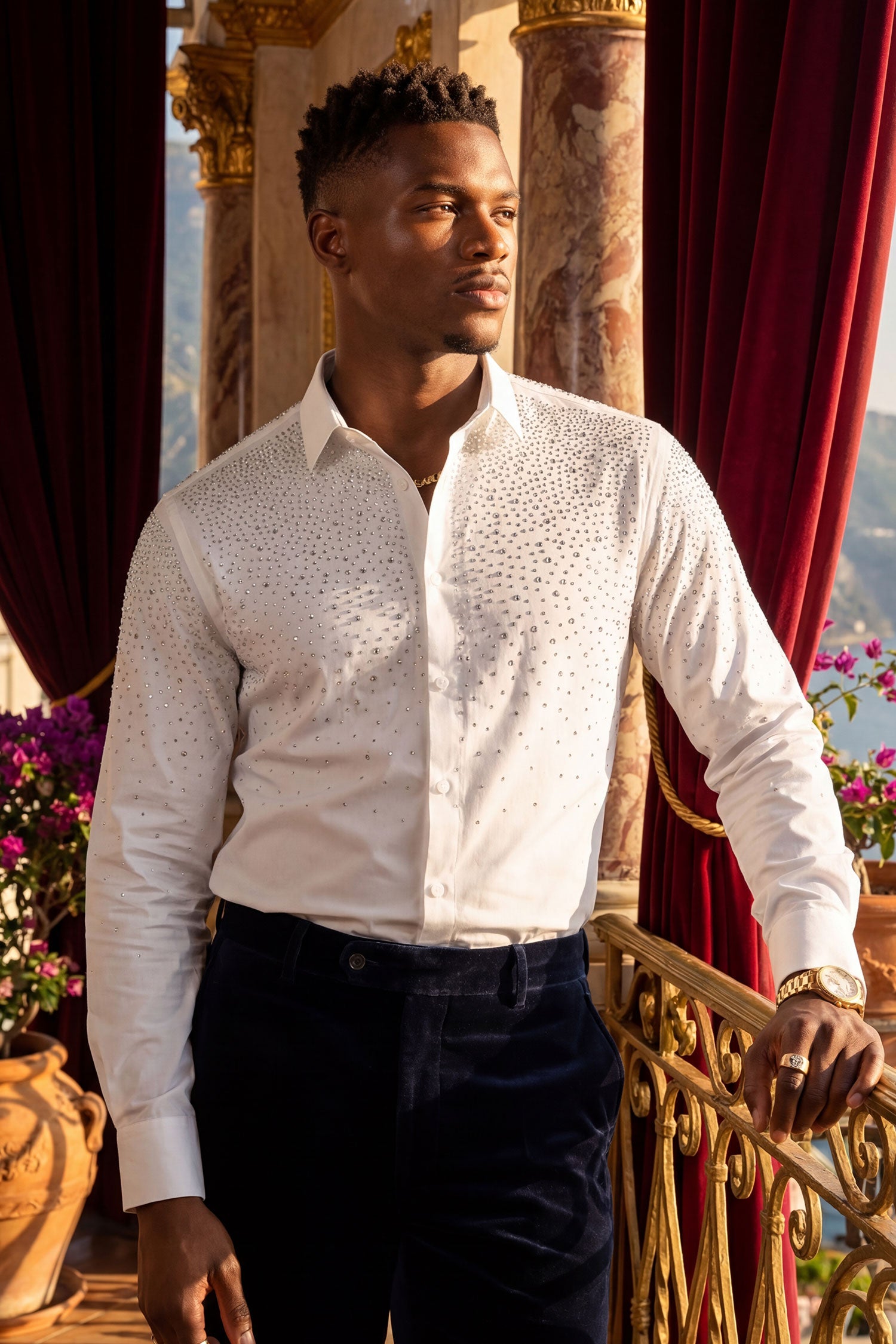 Barabas Men's Rhinestones Jewels Long Sleeve Shirt 4B06 White Silver