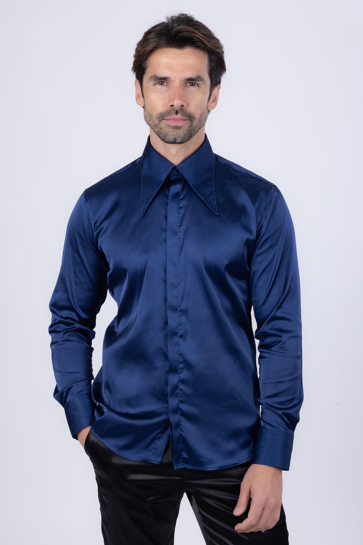Barabas Men's Spear Point Collar Shiny Long Sleeve Shirt 4B102 Navy