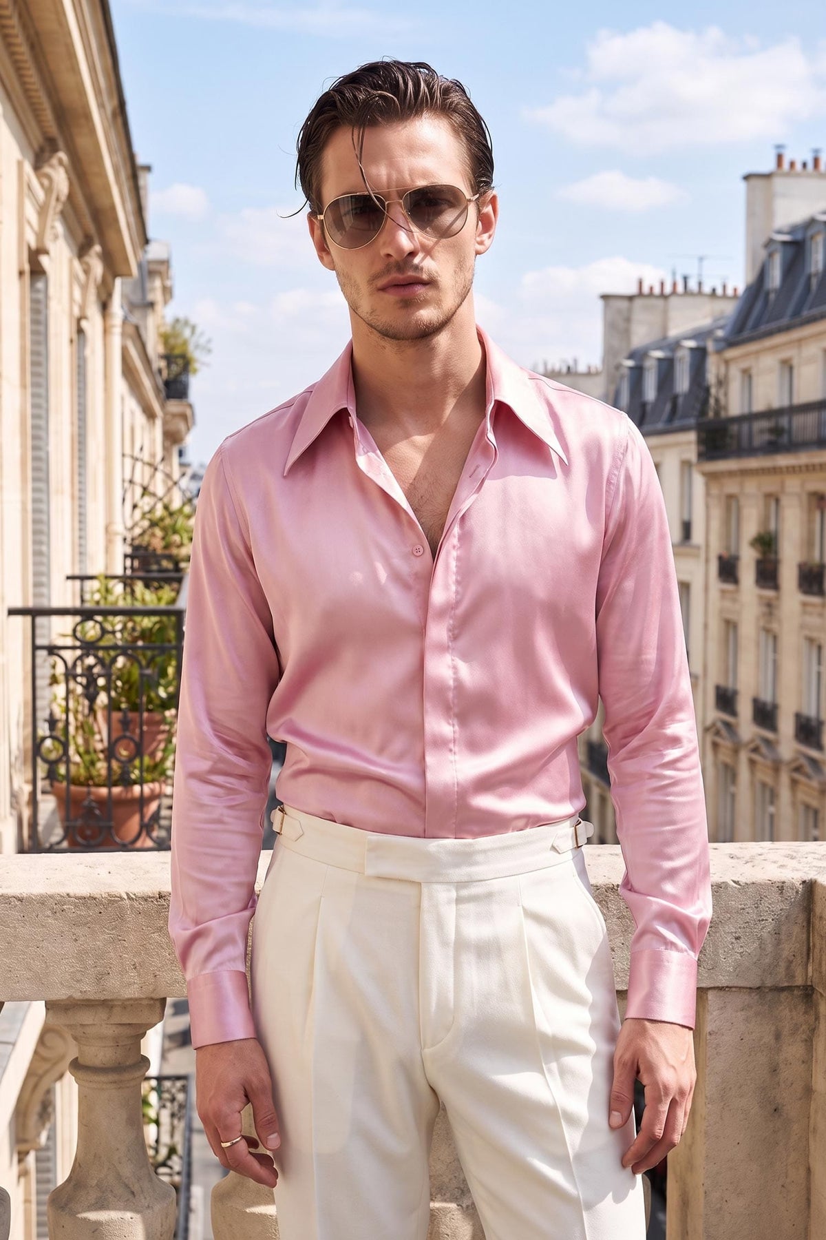 Barabas Men's Spear Point Collar Shiny Long Sleeve Shirt 4B102 #Color_Pink