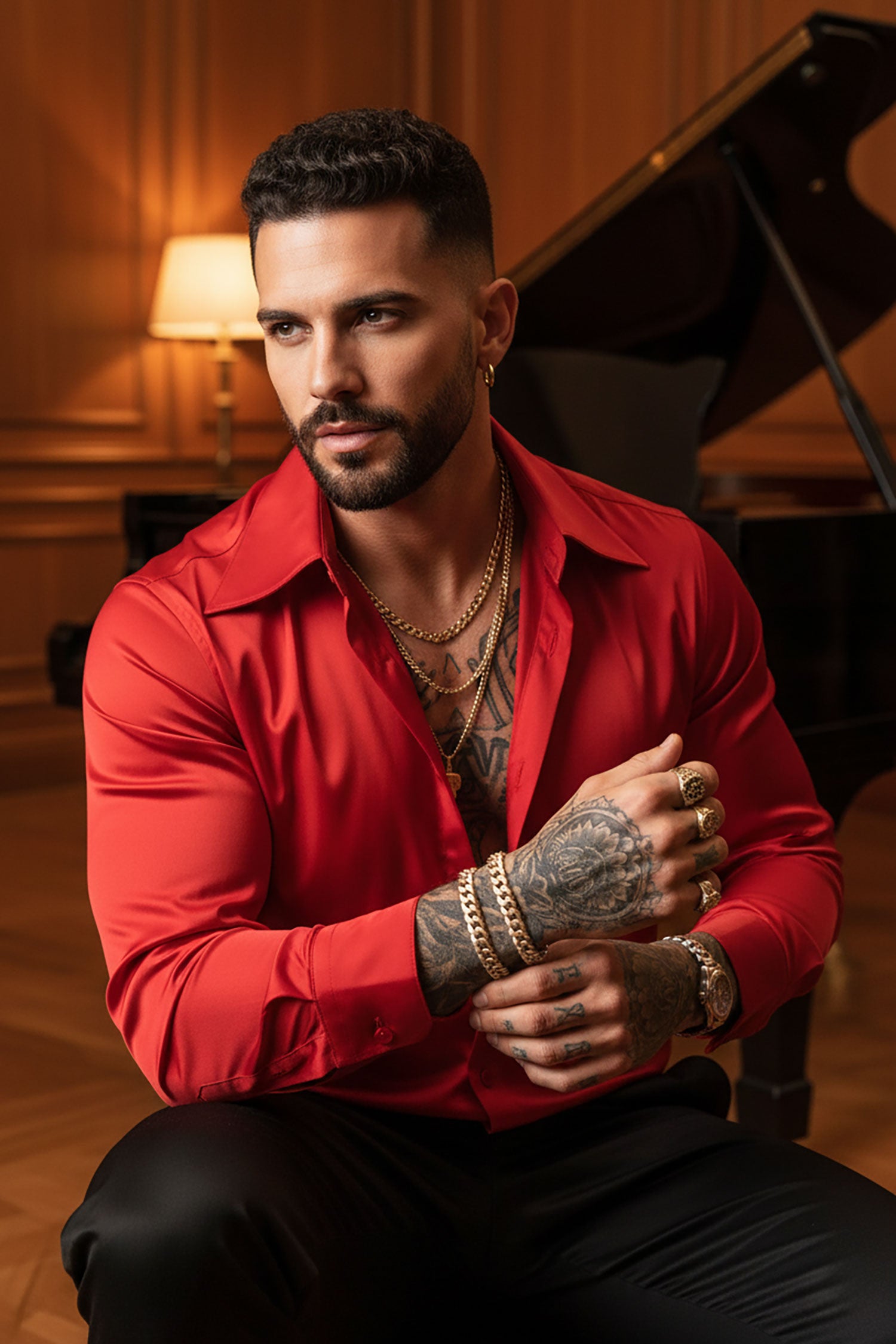 Barabas Men's Spear Point Collar Shiny Long Sleeve Shirt 4B102 Red