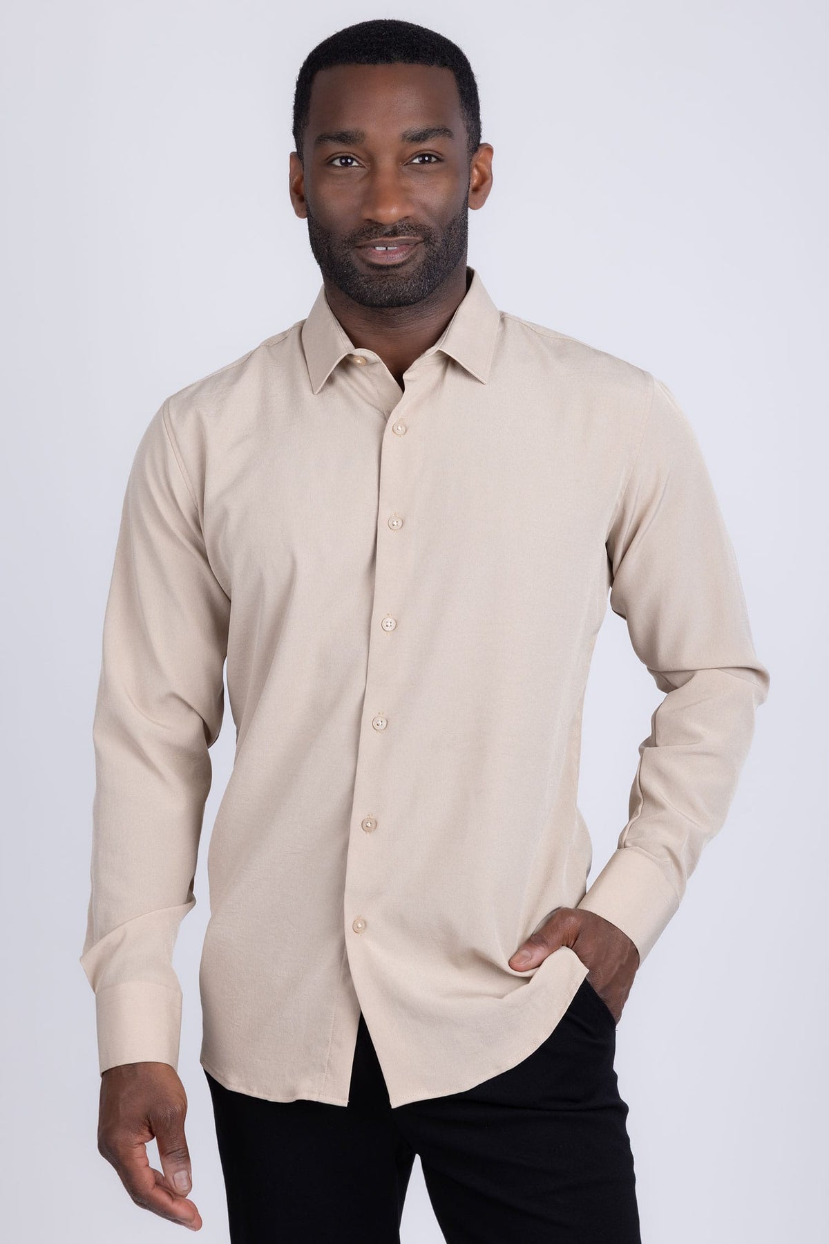 BARABAS Men's Solid Color Casual Button Down Long Sleeve Shirt 4B33 #Color_Beige