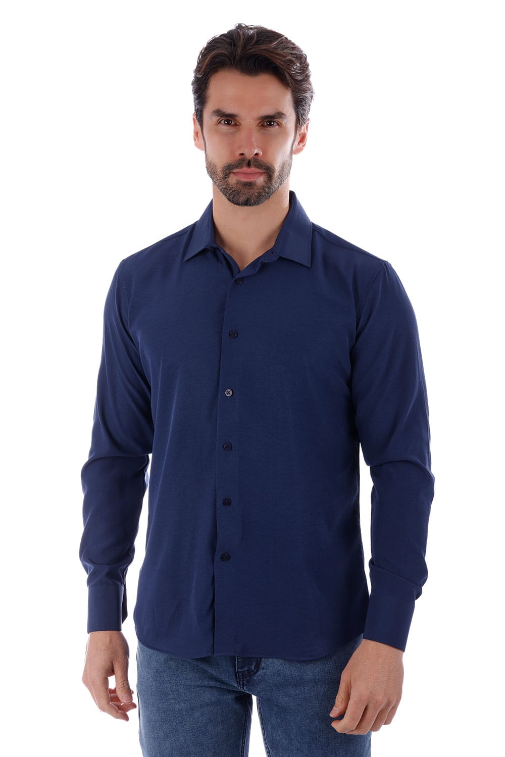 BARABAS Men's Solid Color Casual Button Down Long Sleeve Shirt 4B33 #Color_Navy