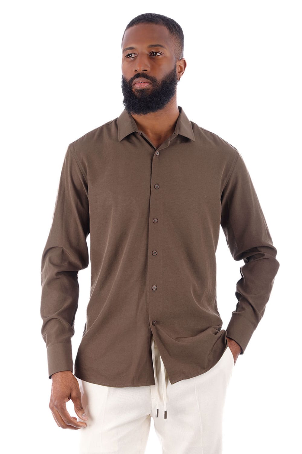 BARABAS Men's Solid Color Casual Button Down Long Sleeve Shirt 4B33 #Color_Nutshell