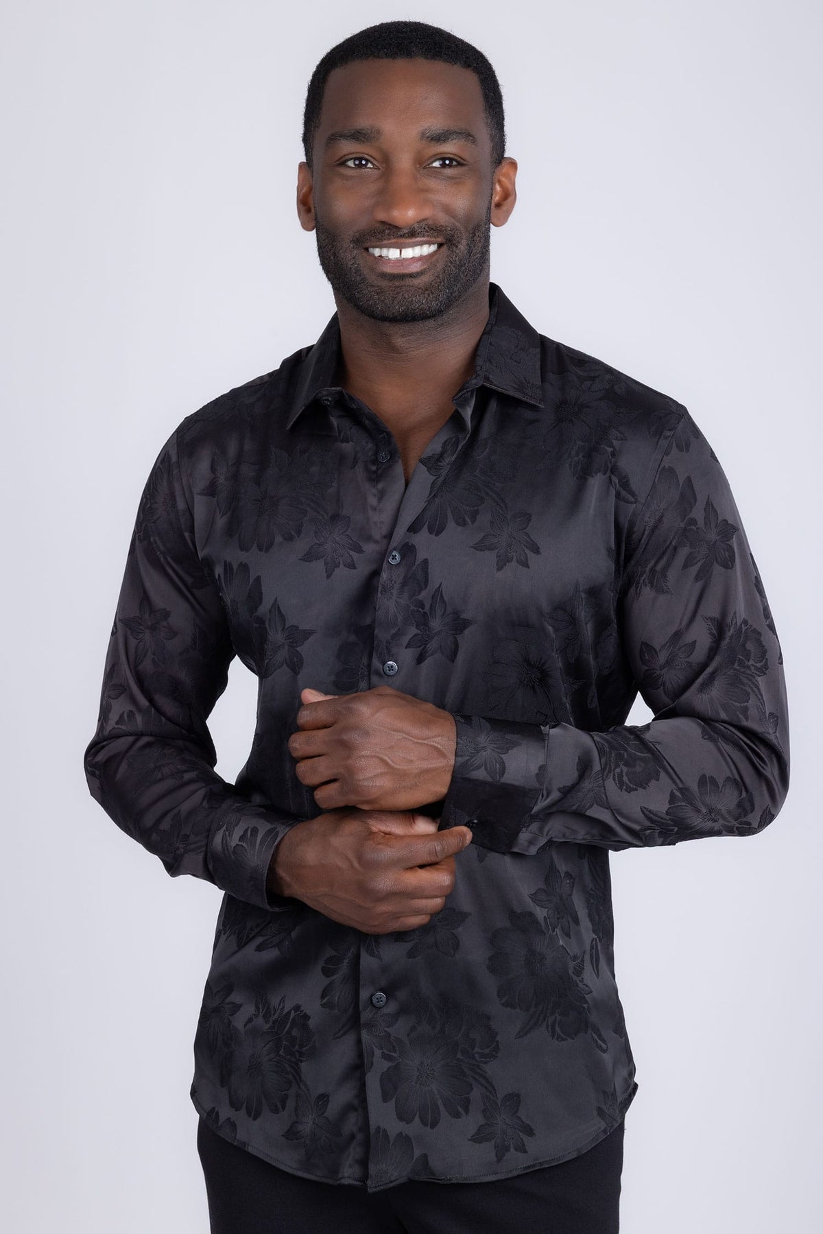 BARABAS Men's Floral Stretch Button Down Long Sleeve Shirt 4B36 #Color_Black