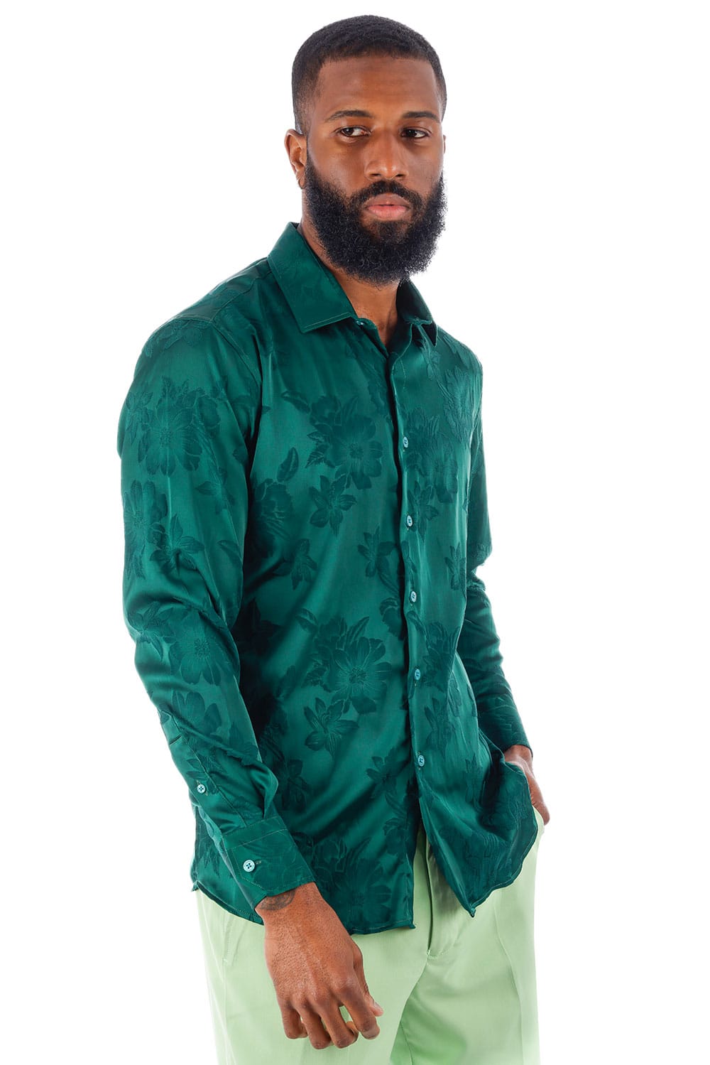 BARABAS Men's Floral Stretch Button Down Long Sleeve Shirt 4B36 #Color_Green