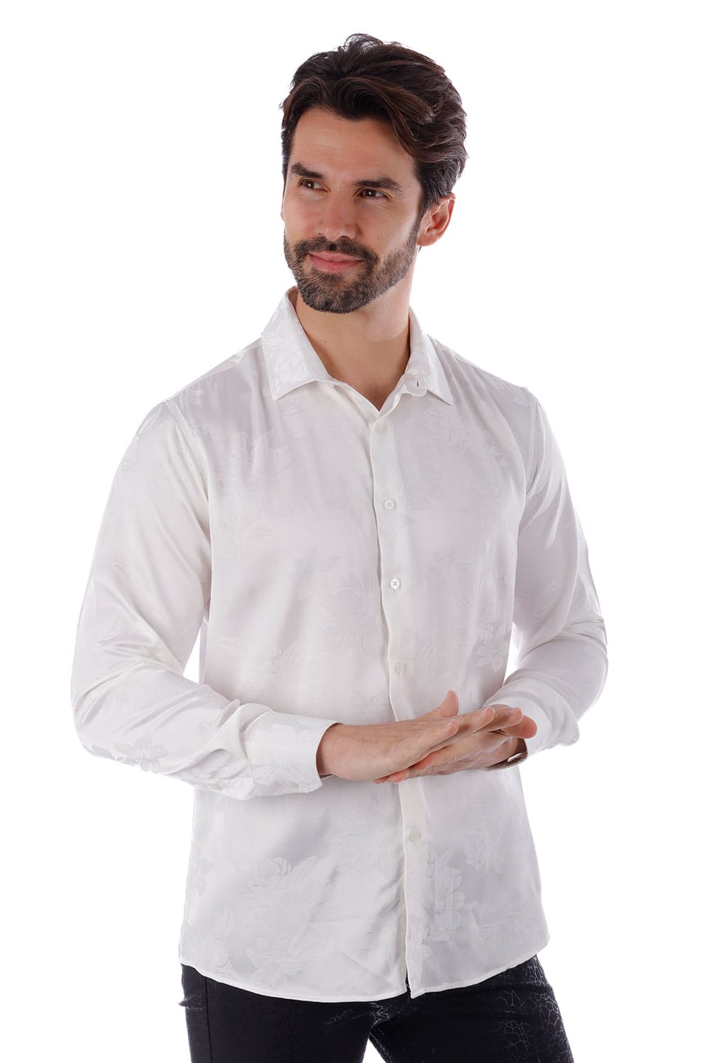 BARABAS Men's Floral Stretch Button Down Long Sleeve Shirt 4B36 #Color_White