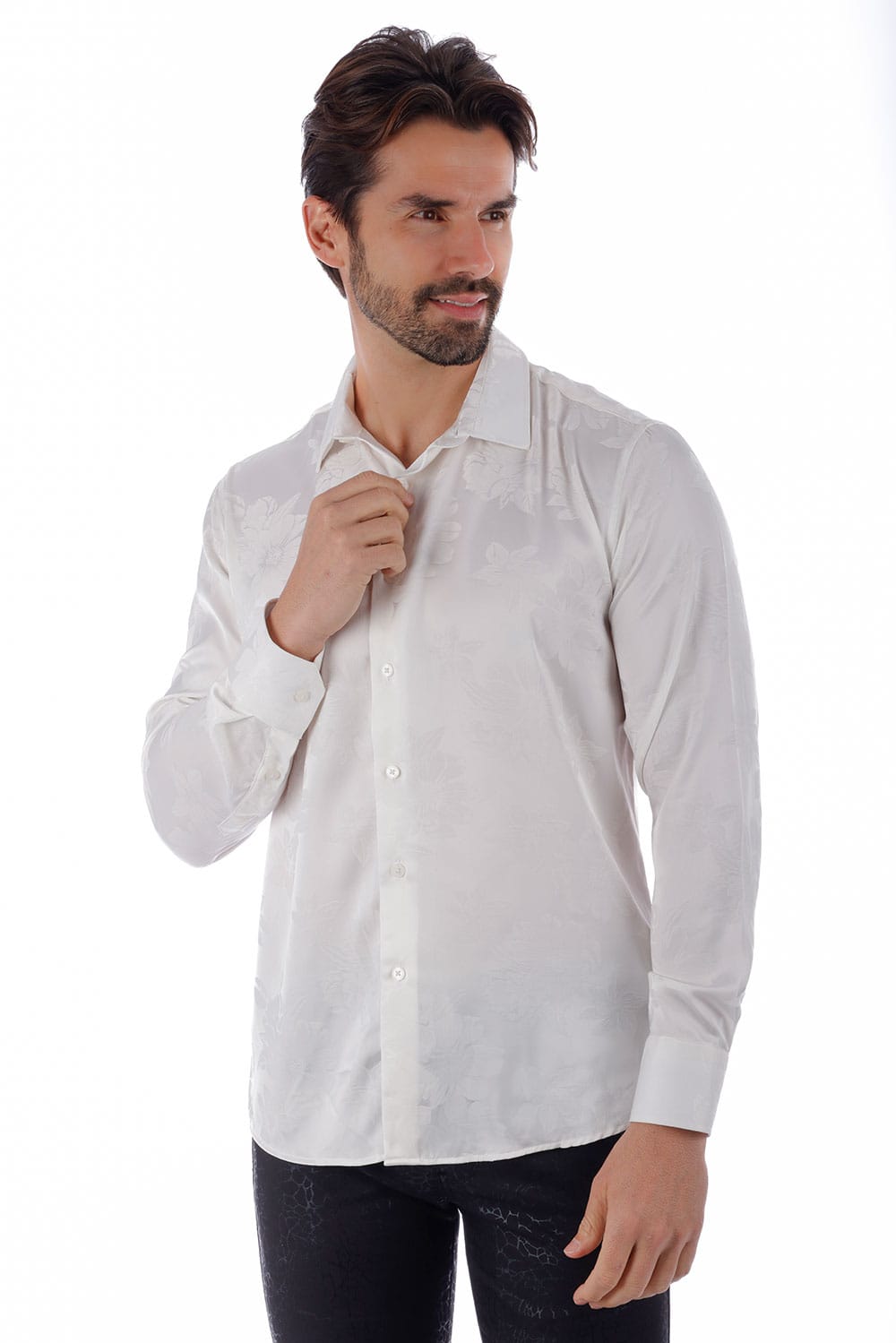 BARABAS Men's Floral Stretch Button Down Long Sleeve Shirt 4B36 #Color_White