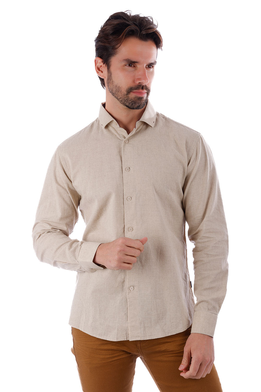 BARABAS Men's Linen Lightweight Button Down Long Sleeve Shirt 4B37 Khaki