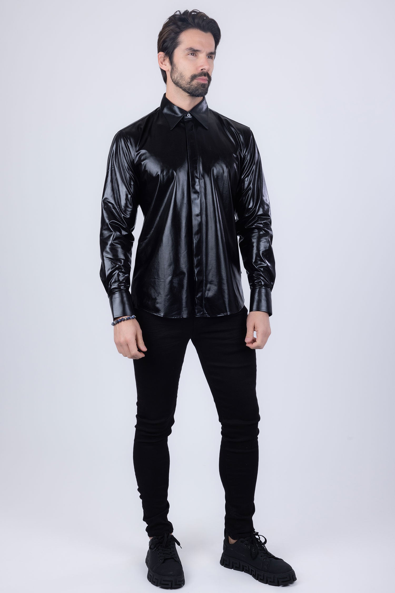 BARABAS Men's Metallic Button Down Long Sleeve Shiny Shirt 4B38 Black