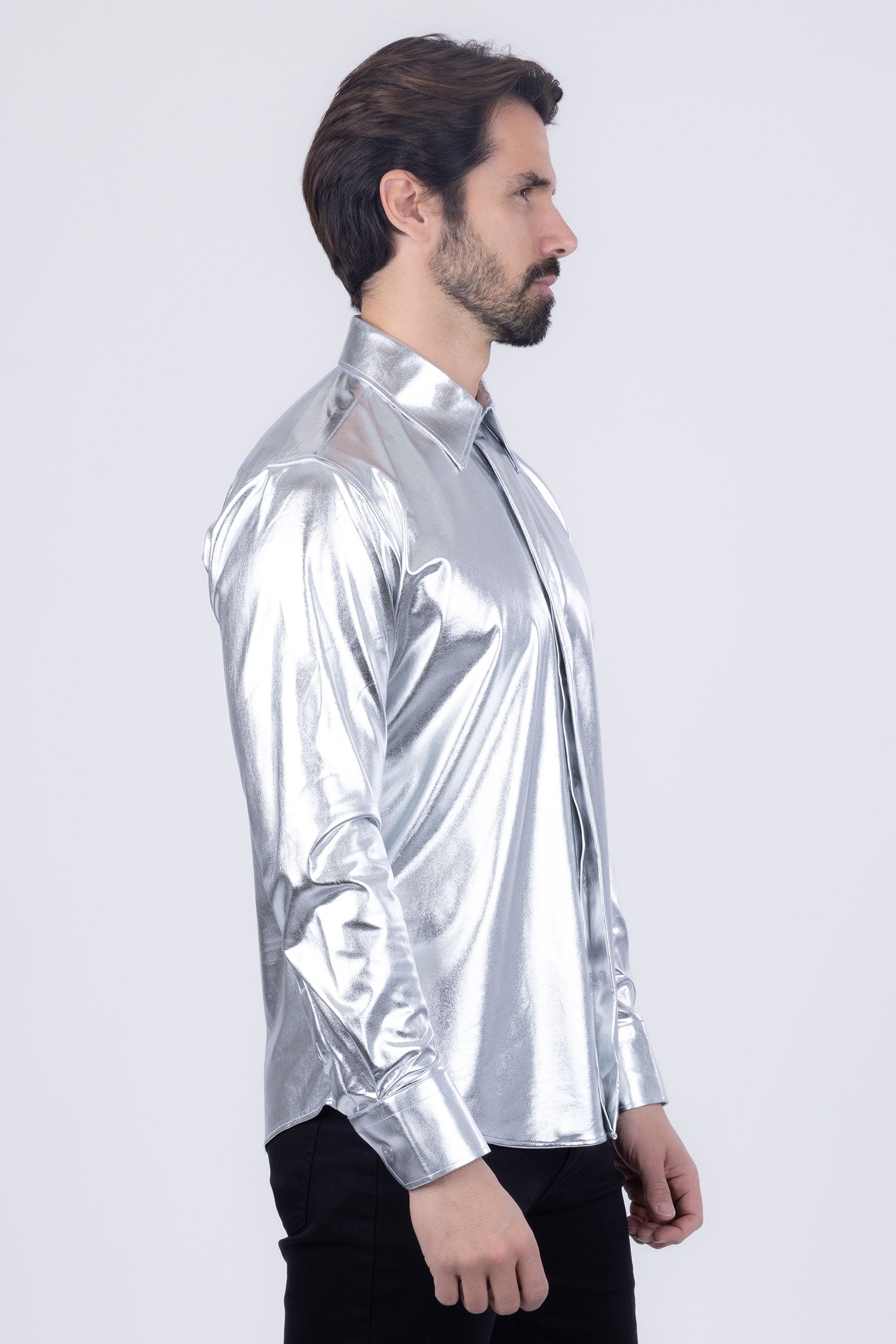 BARABAS Men's Metallic Button Down Long Sleeve Shiny Shirt 4B38 Silver