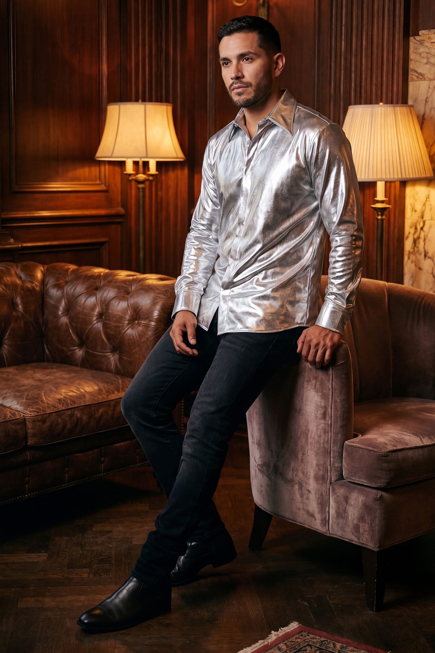 BARABAS Men's Metallic Button Down Long Sleeve Shiny Shirt 4B38 Silver