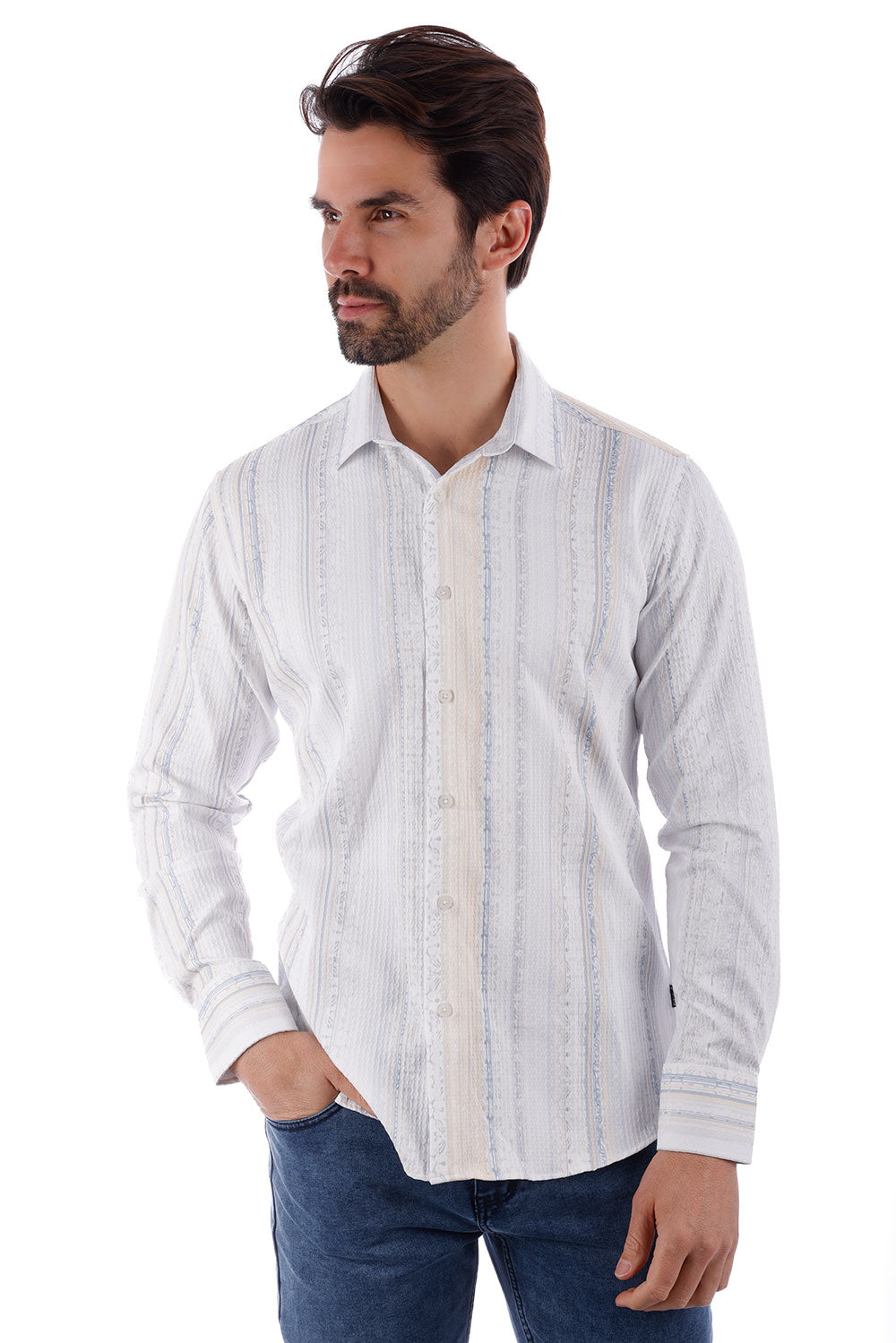 BARABAS Men's Geometric Print Button Down Long Sleeve Shirt 4B41 Tan