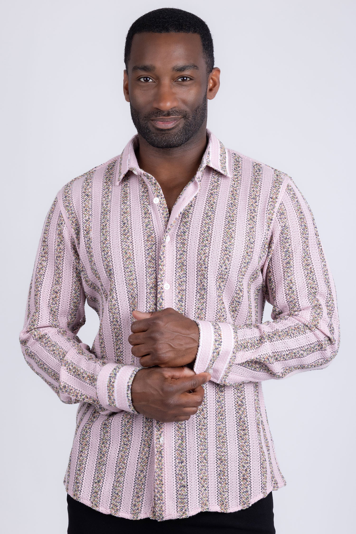 BARABAS Men's Knitted Fabric Button Down Long Sleeve Shirt 4B42 Pink