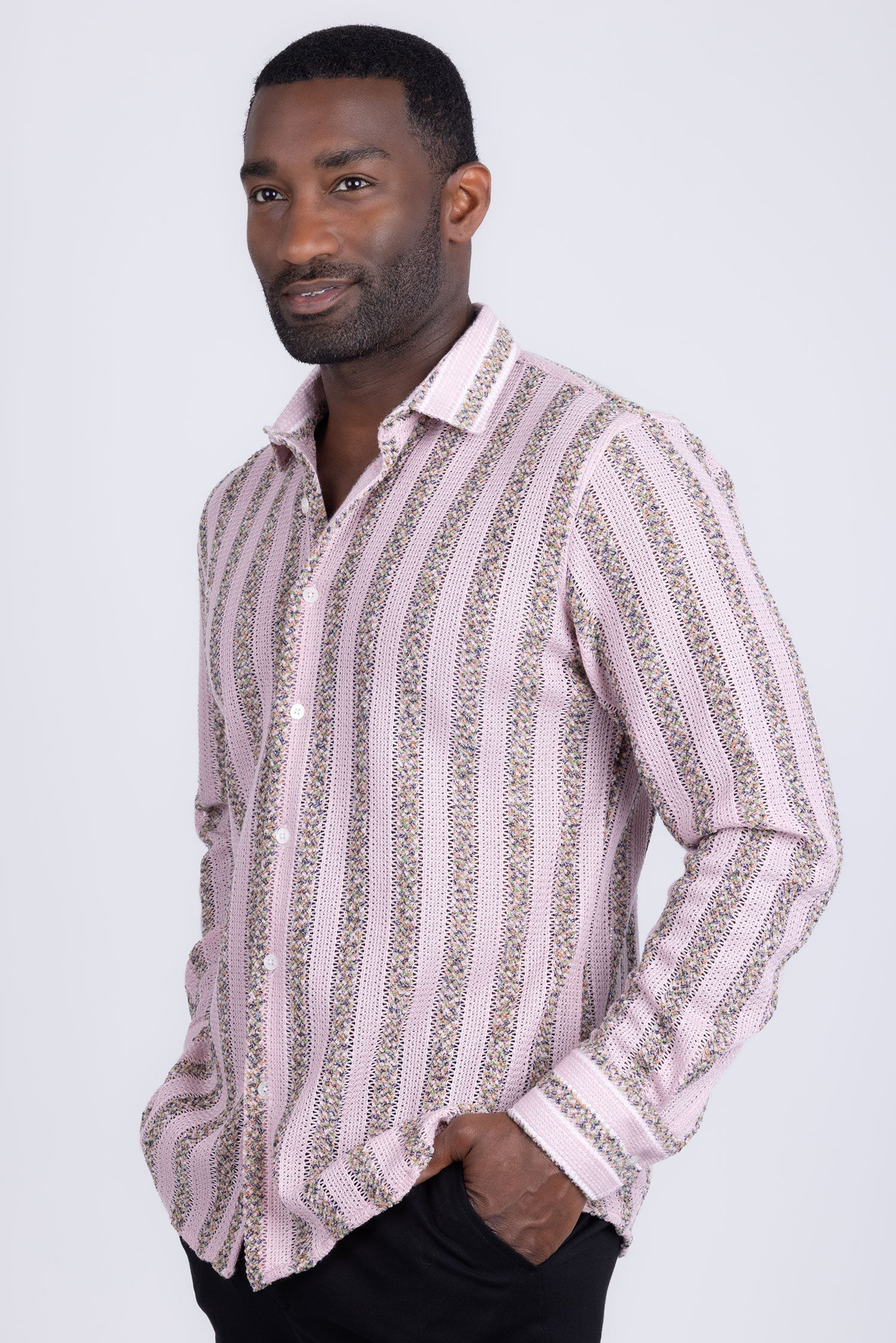 BARABAS Men's Knitted Fabric Button Down Long Sleeve Shirt 4B42 Pink