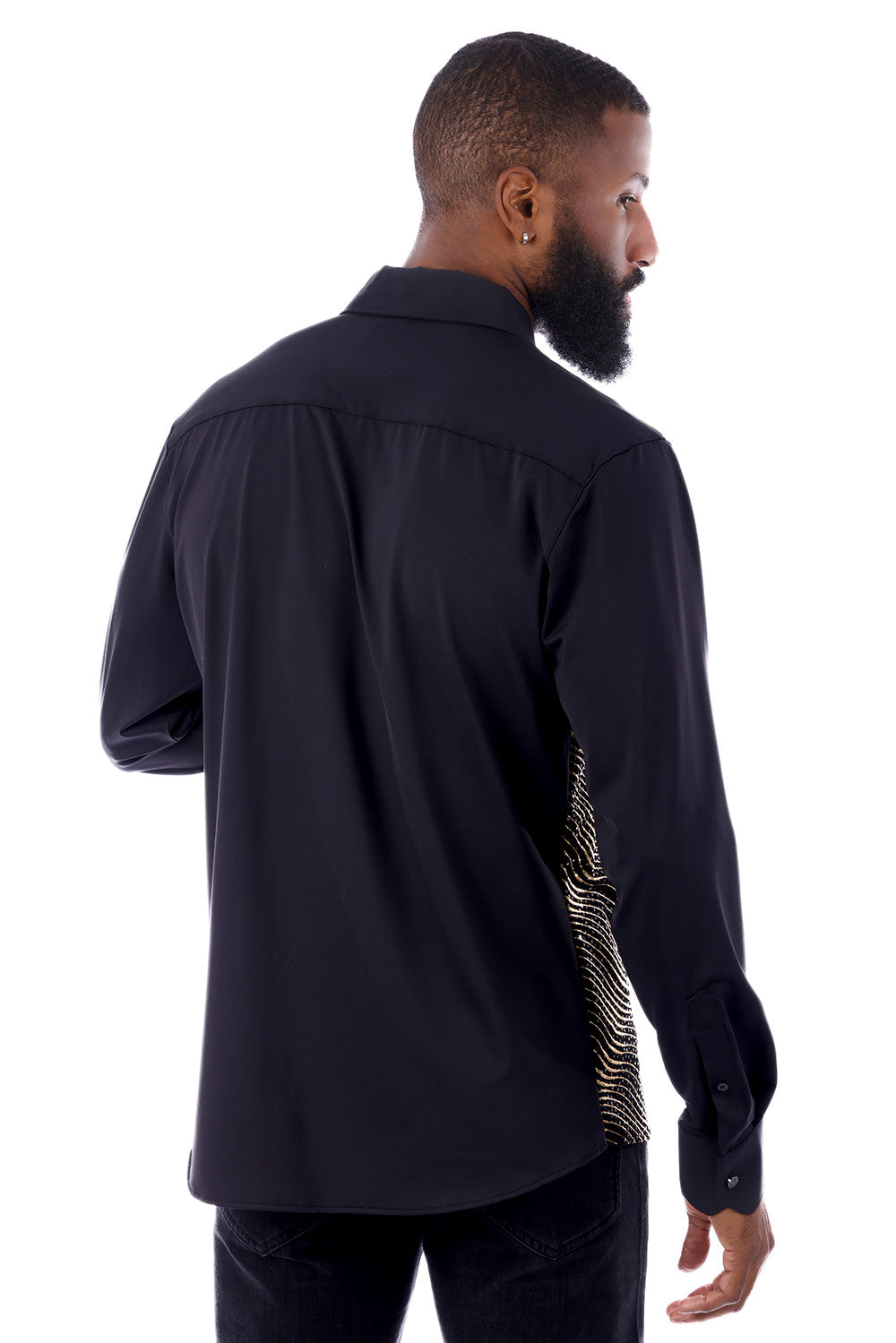 BARABAS Men's Polka Dot Linear Geometric Long Sleeve Shirt 4B43 Black