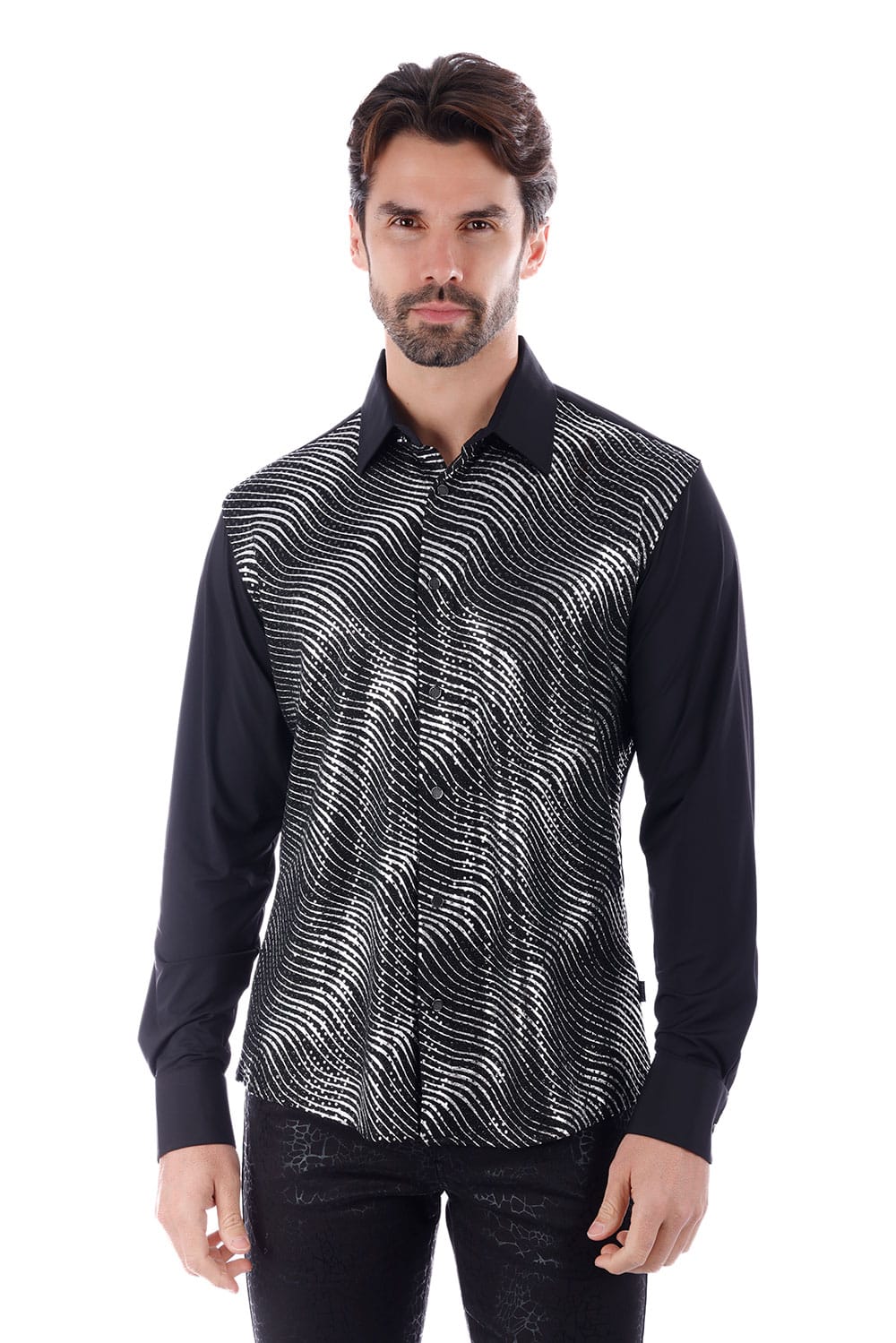 BARABAS Men's Polka Dot Linear Geometric Long Sleeve Shirt 4B43 Black Silver