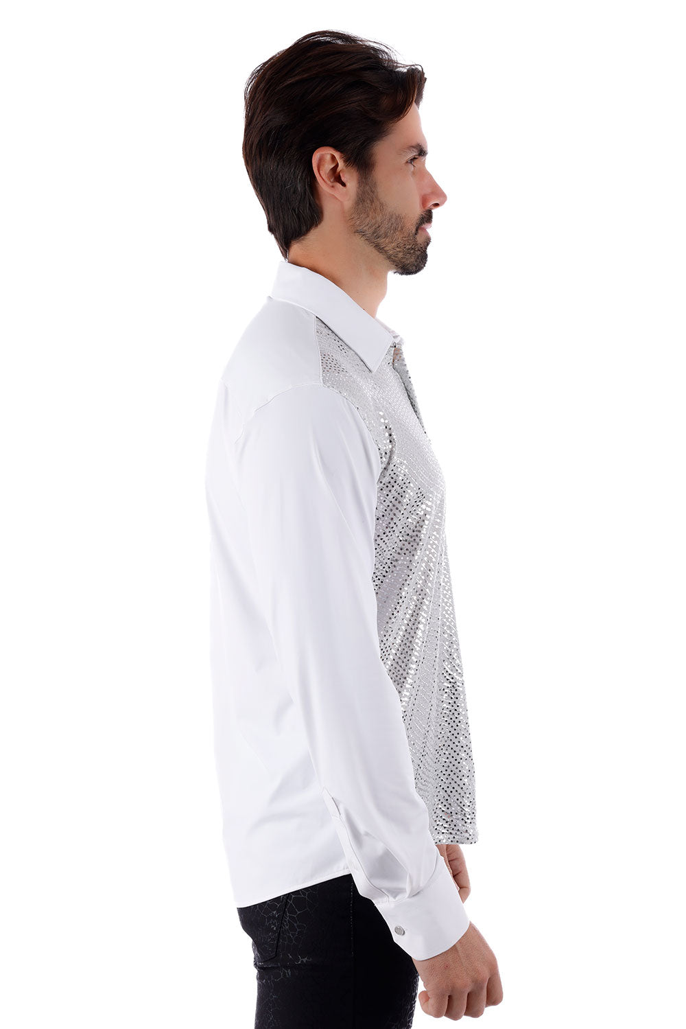 BARABAS Men's Polka Dot Linear Geometric Long Sleeve Shirt 4B43 White