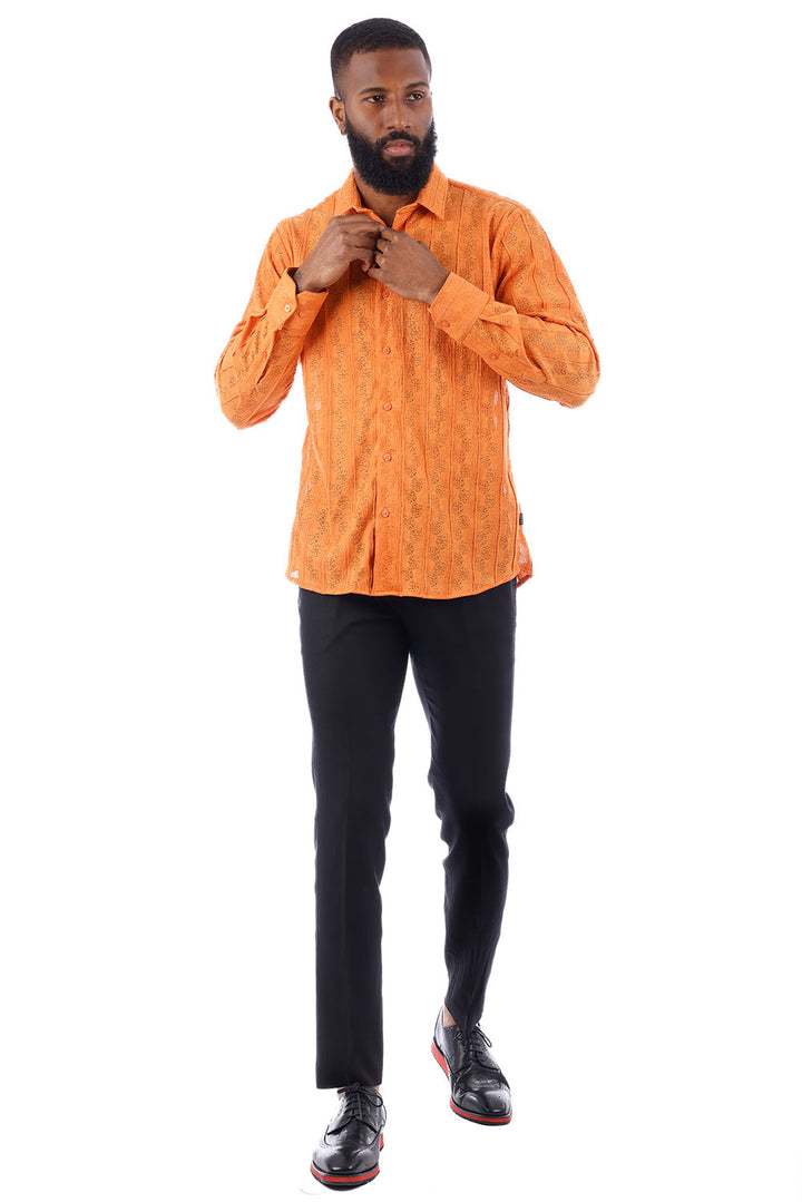 BARABAS Men's Floral Knitted Button Down Long Sleeve Shirt 4B44 Rust