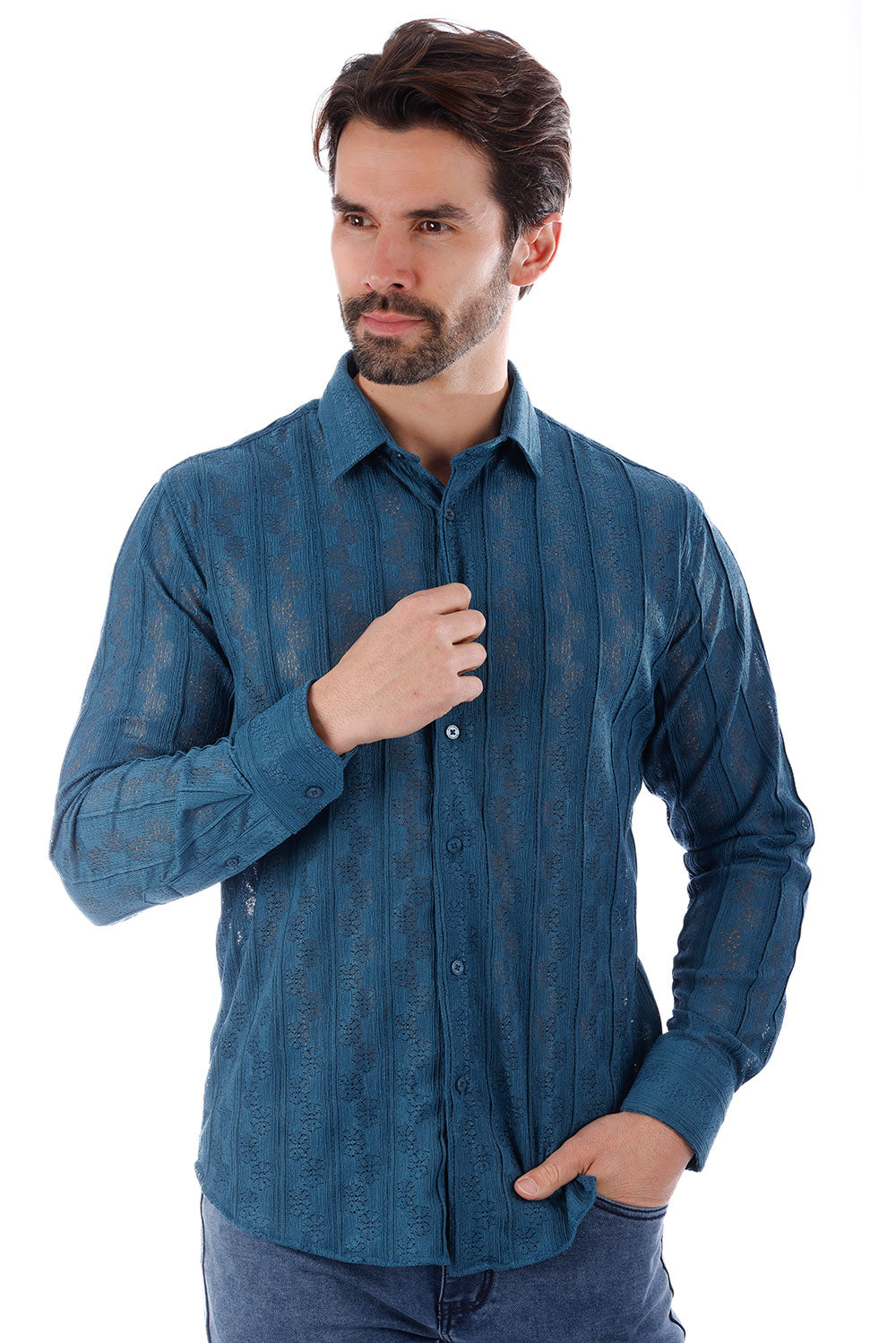 BARABAS Men's Floral Knitted Button Down Long Sleeve Shirt 4B44 Blue