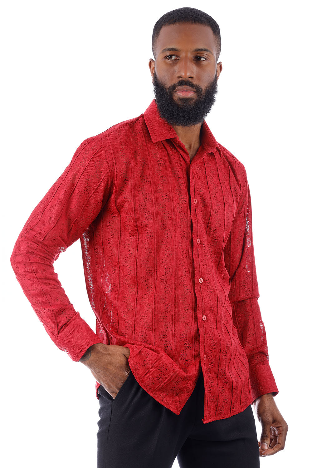 BARABAS Men's Floral Knitted Button Down Long Sleeve Shirt 4B44 Red