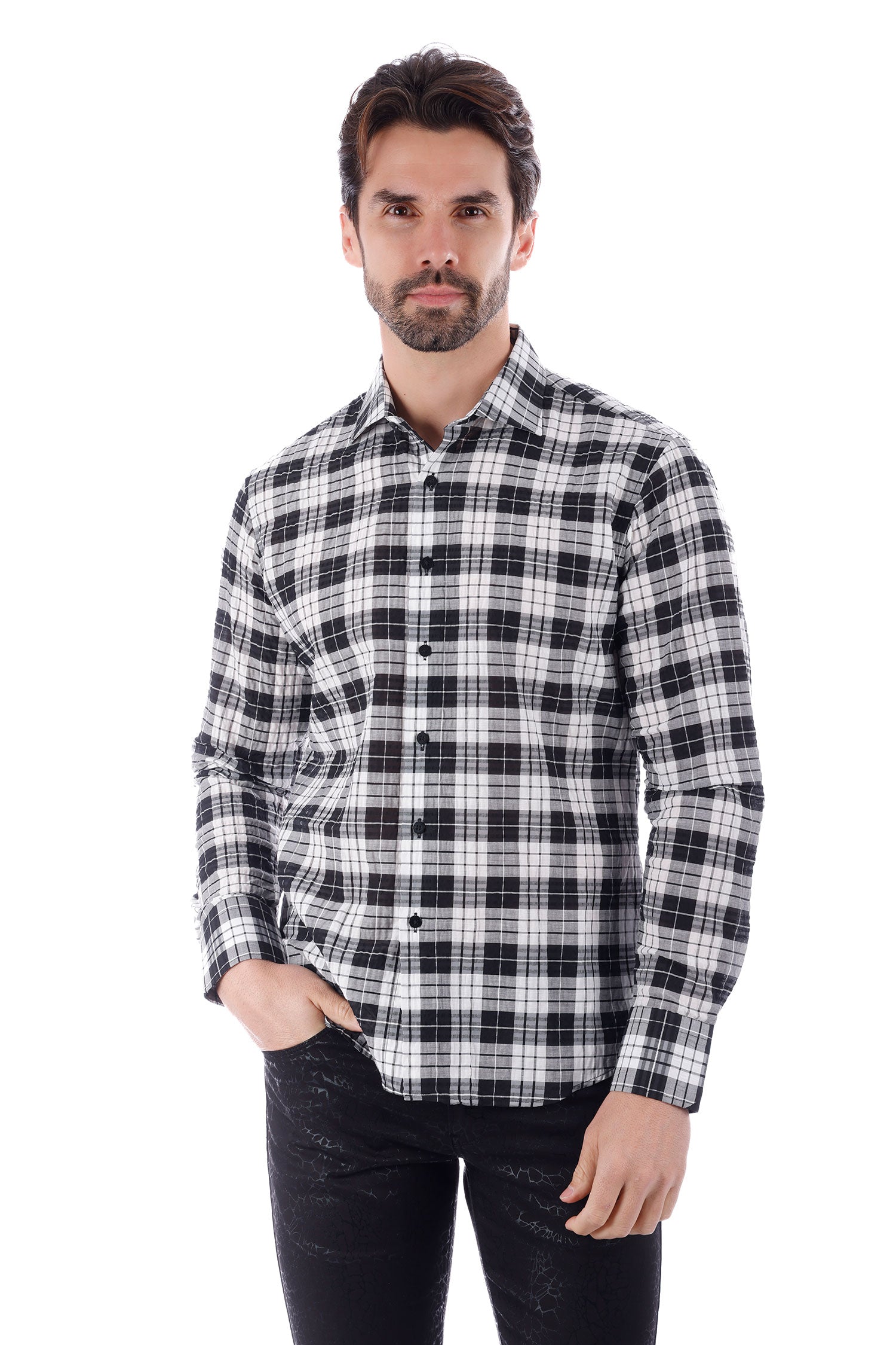 Barabas Men's Plaid Button Down Long Sleeve Shirts 4B47 Black White