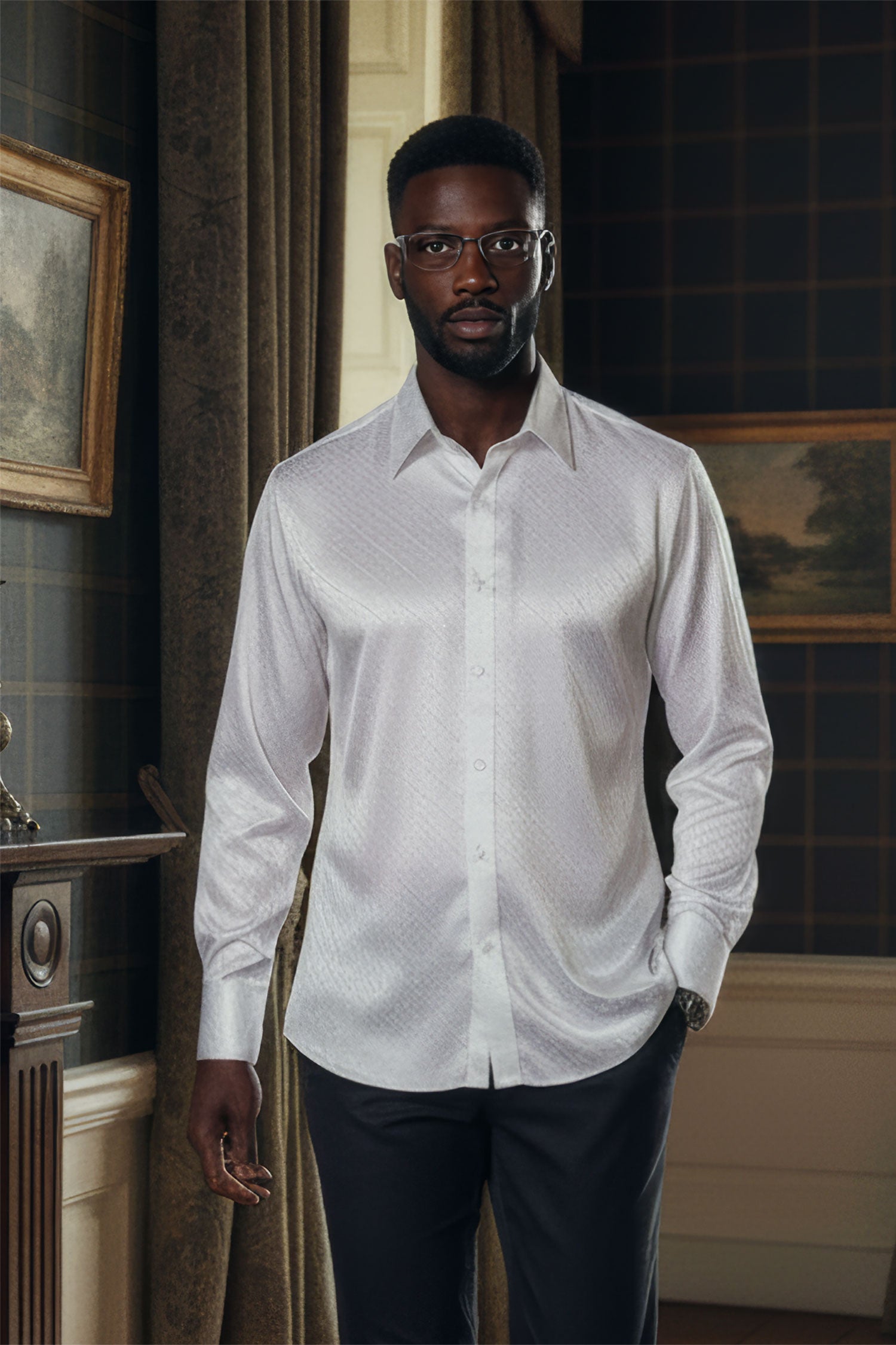 Barabas Men's Symmetrical Circular Pattern Long Sleeve Shirts 4B56 White