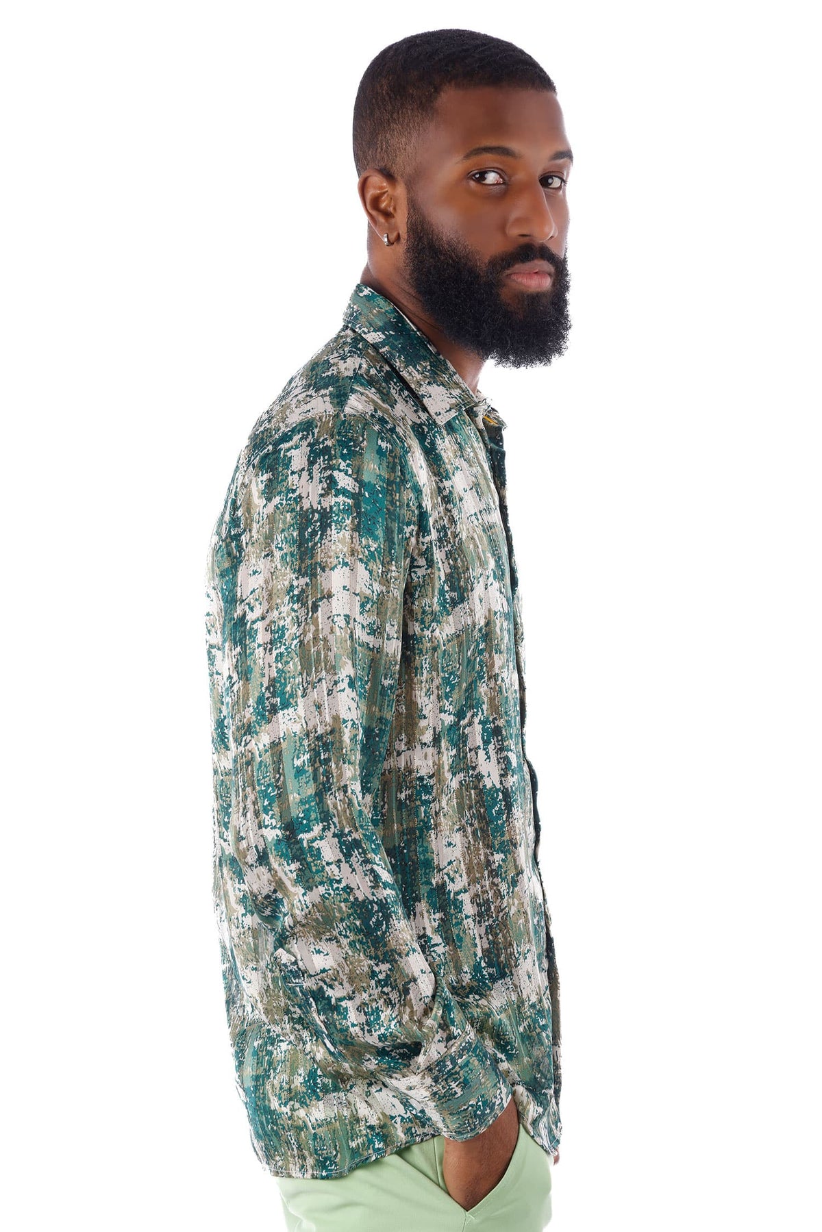 Barabas Men's Graphical Print Gold Pin Stripe Long Sleeve Shirts 4B64 Green Gold