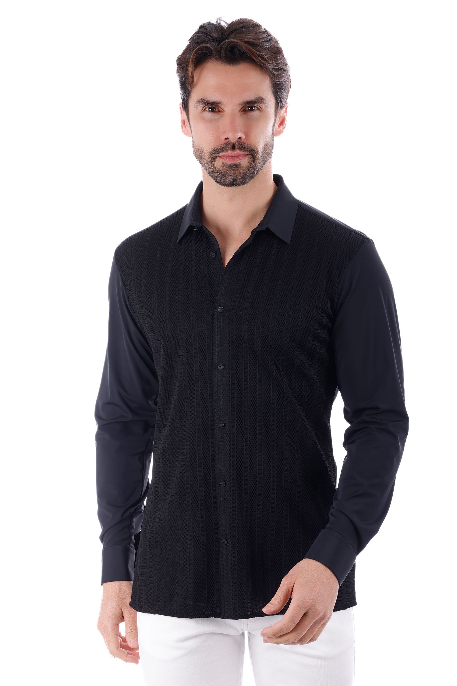 Barabas Men's See-Through Breathable Long Sleeve Shirts 4B68 Black
