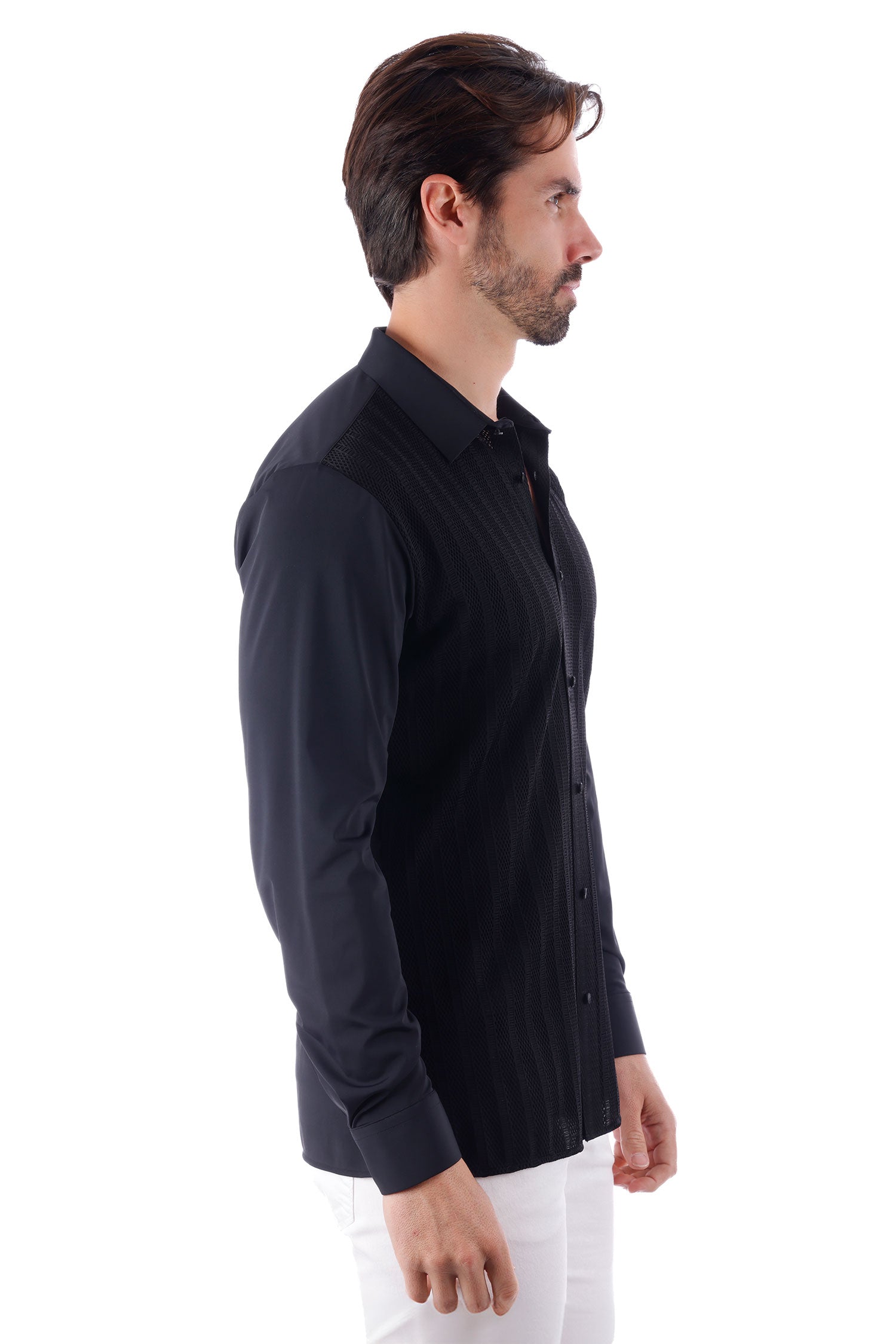 Barabas Men's See-Through Breathable Long Sleeve Shirts 4B68 Black