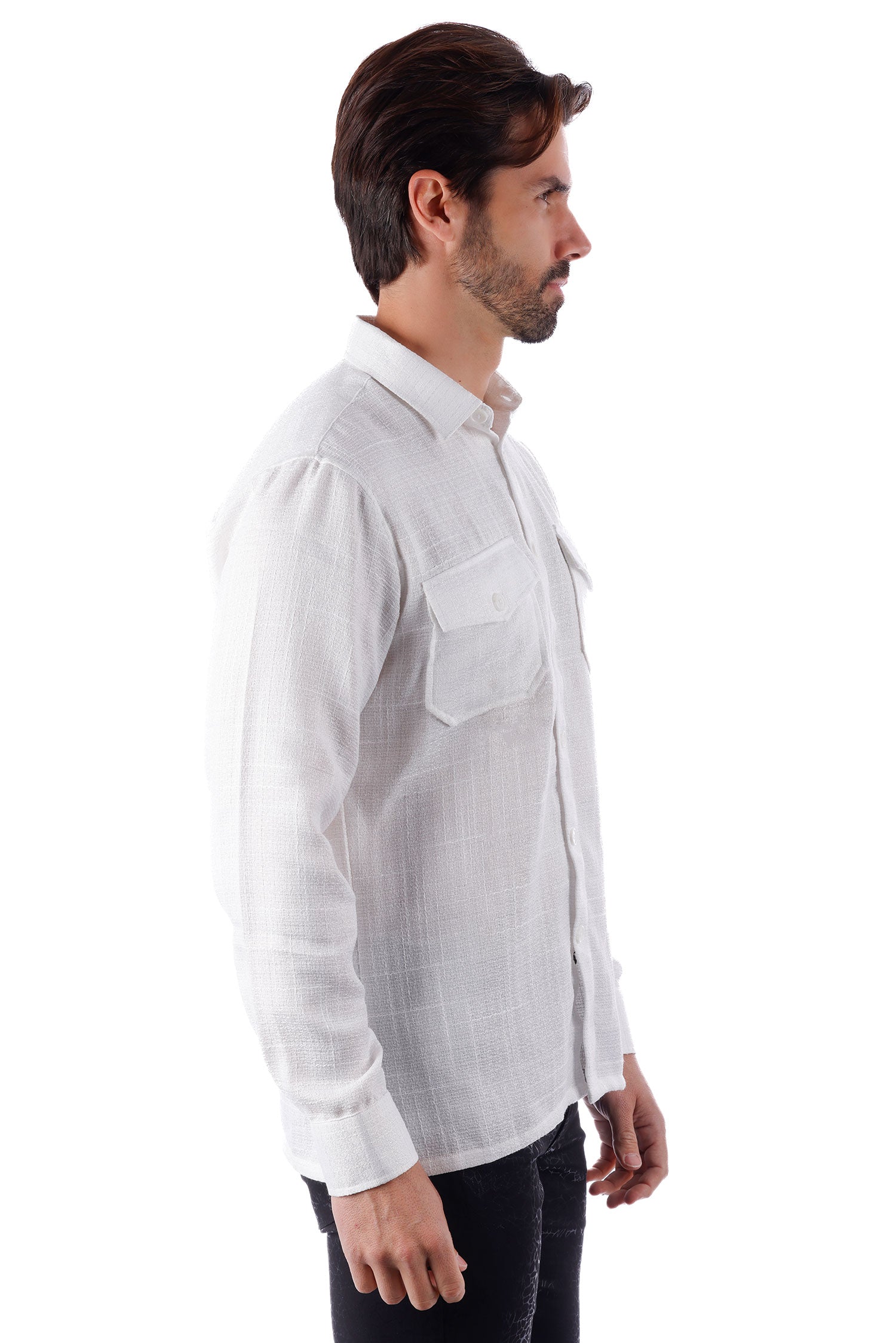 Barabas Men's Stretchy See-through Wool Long Sleeve Shirts 4B72 White