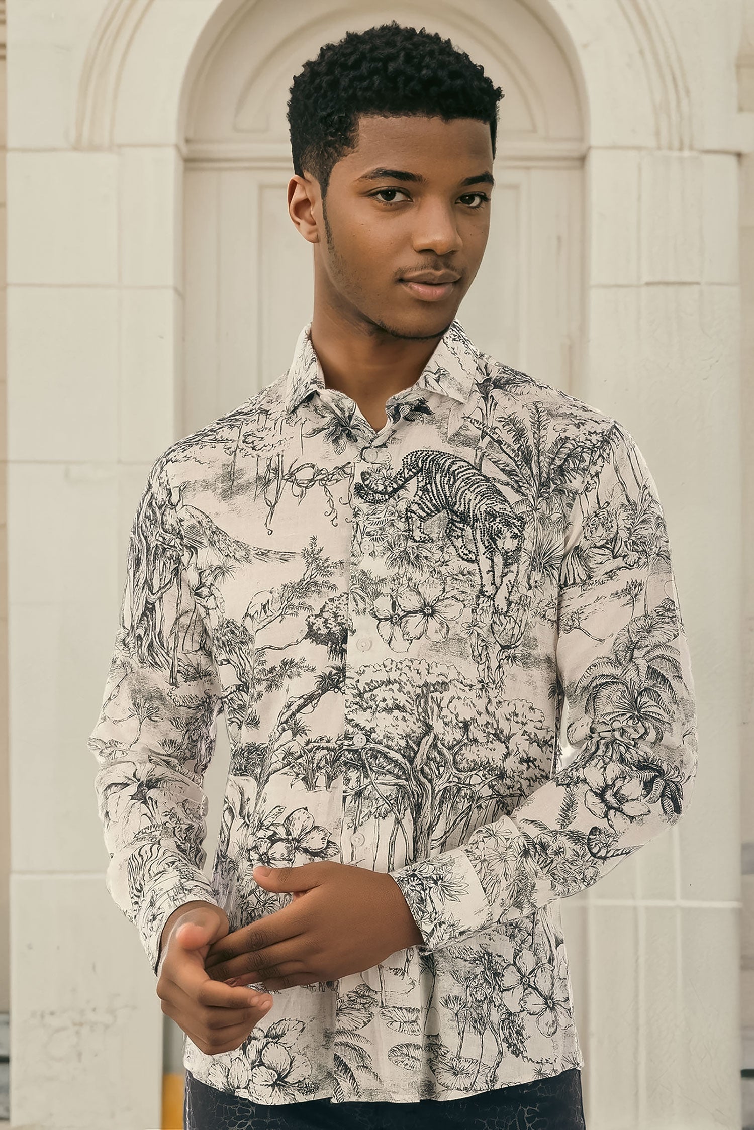 Barabas Men's Animal Print Linen Button Down Long Sleeve Shirts 4B73 Black White