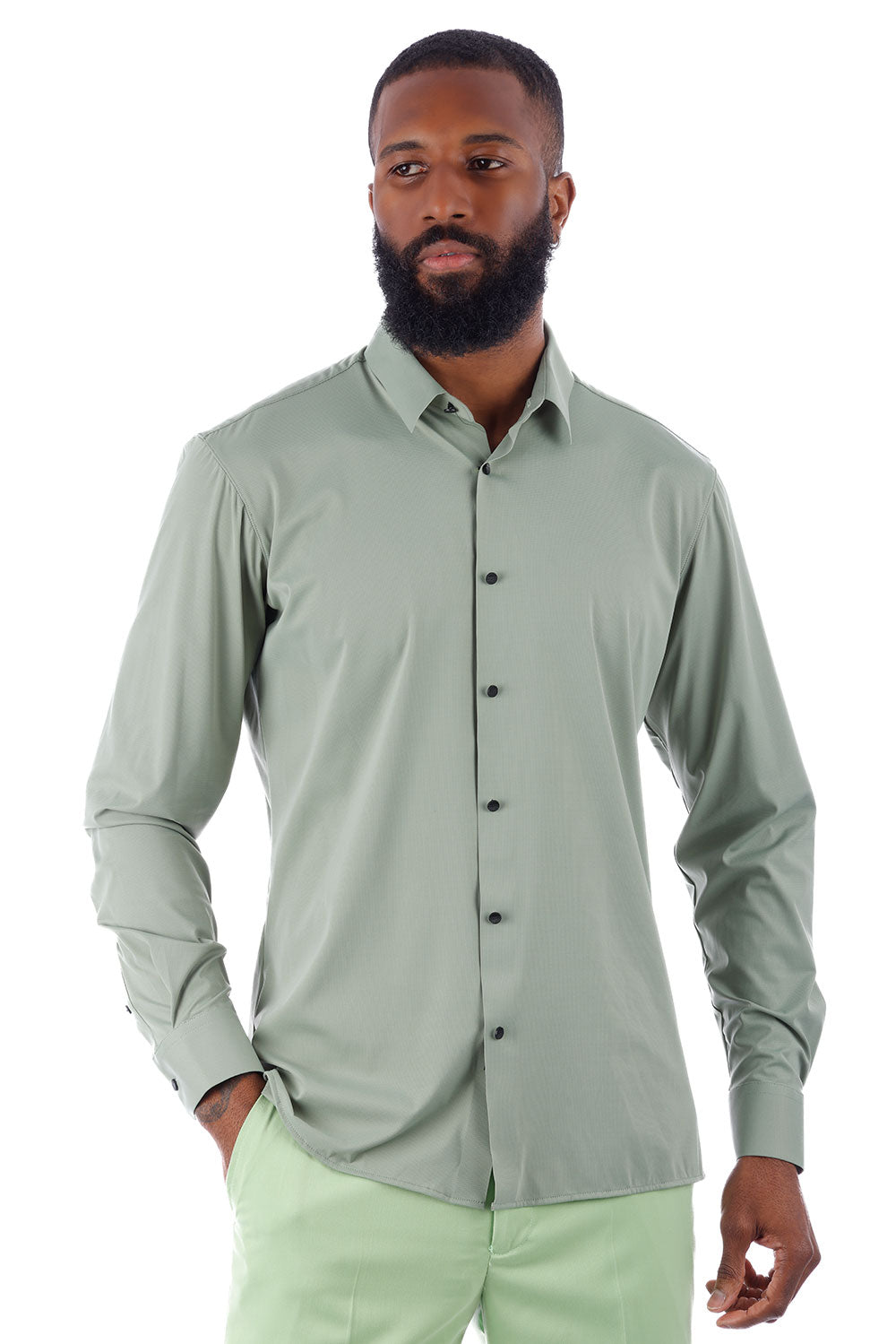 Barabas Men's Strechy Solid Color Button Down Long Sleeve Shirts 4B76 Sage