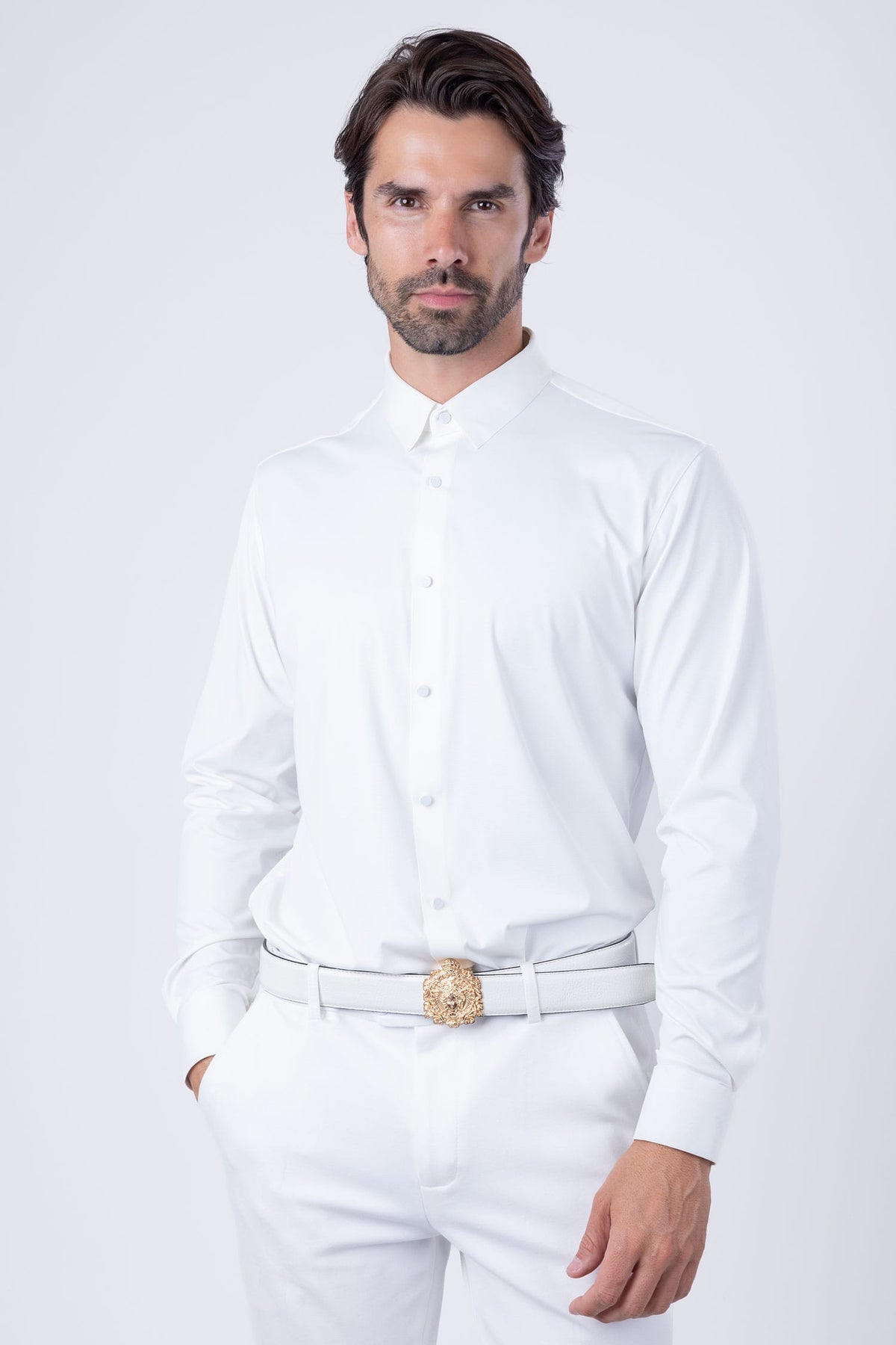 Barabas Men's Strechy Solid Color Button Down Long Sleeve Shirts 4B76 White
