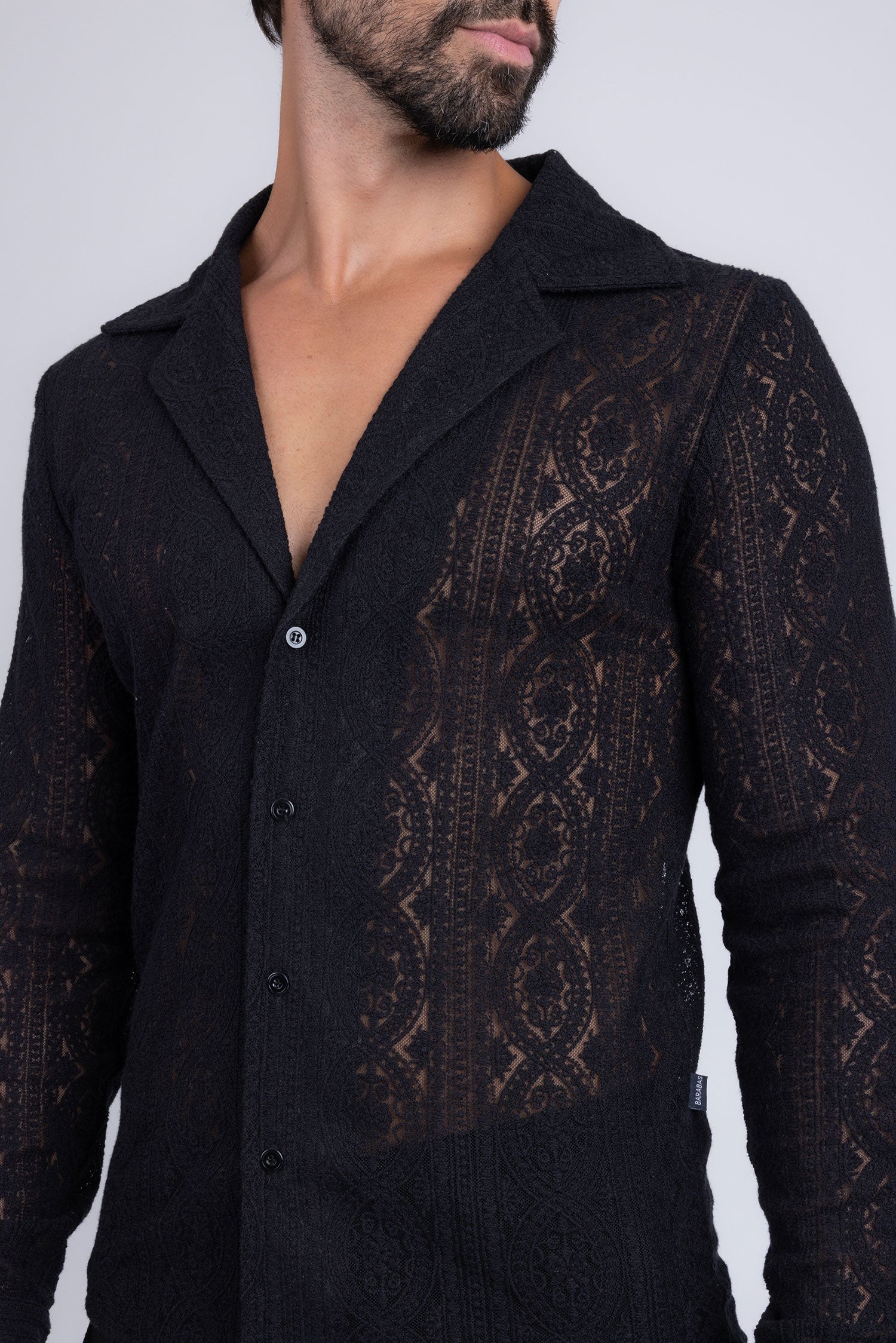Barabas Men's Embroidered See Through Floral Long Sleeve Shirts 4B85 Black